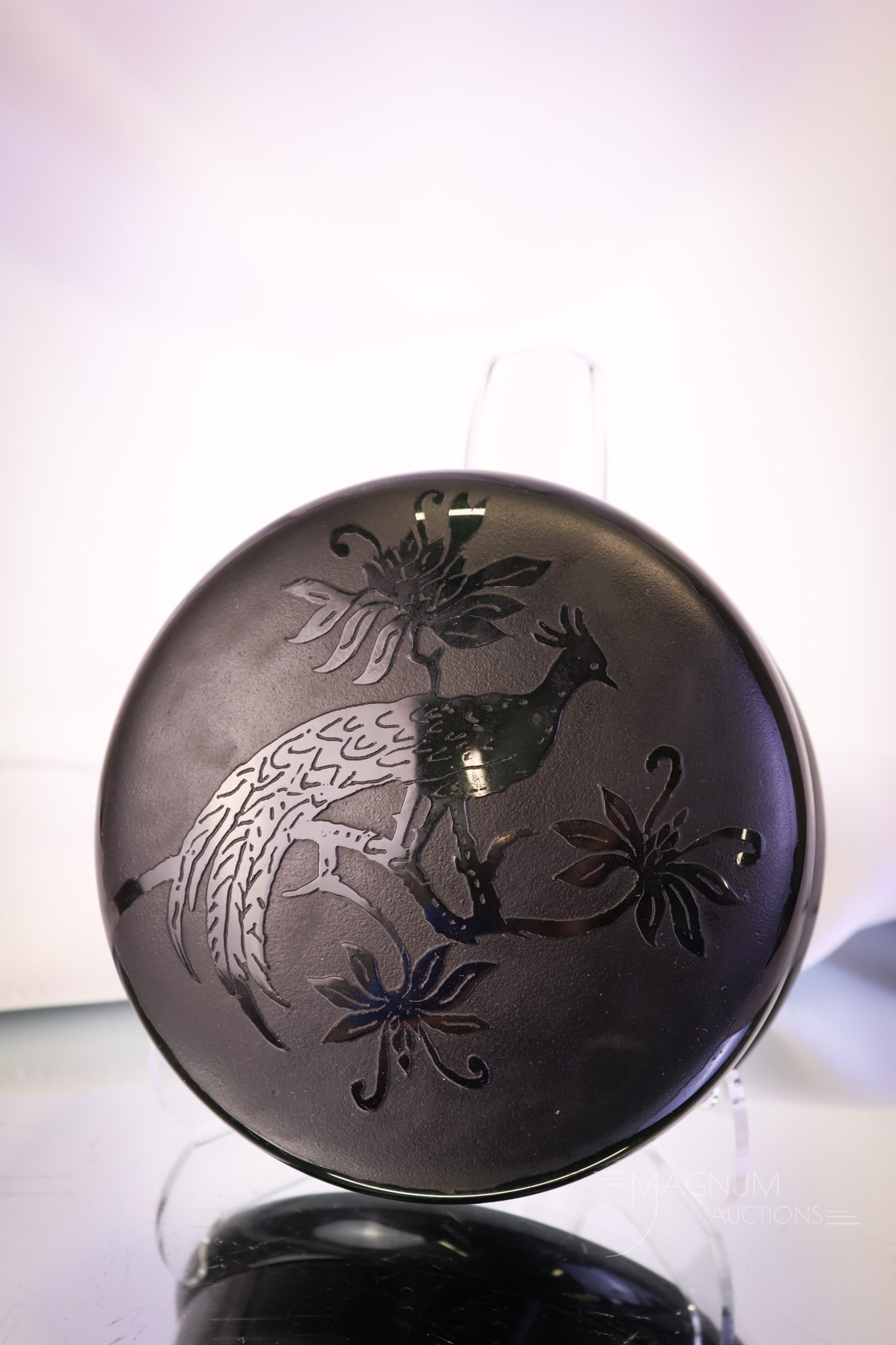 Steuben Mirror Black Peacock Cut Cameo Glass Puff Box (1 of 7)