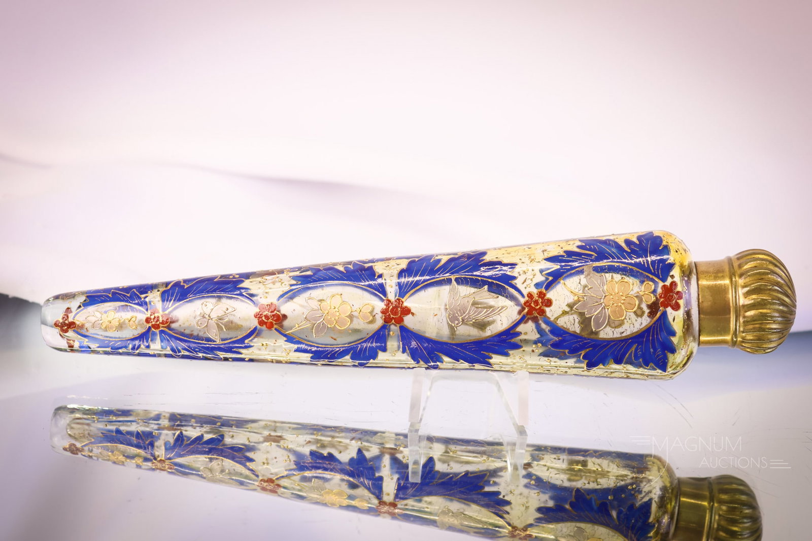 Moser 9" Enamel Gilt Glass Large Laydown Perfume Bottle: A gorgeous find in a lay-down perfume bottle. This measures a full 9" of sheer perfume-collecting pleasure. This piece is highly enamel and gilt decorated with blue and amber coloring and birds and bu