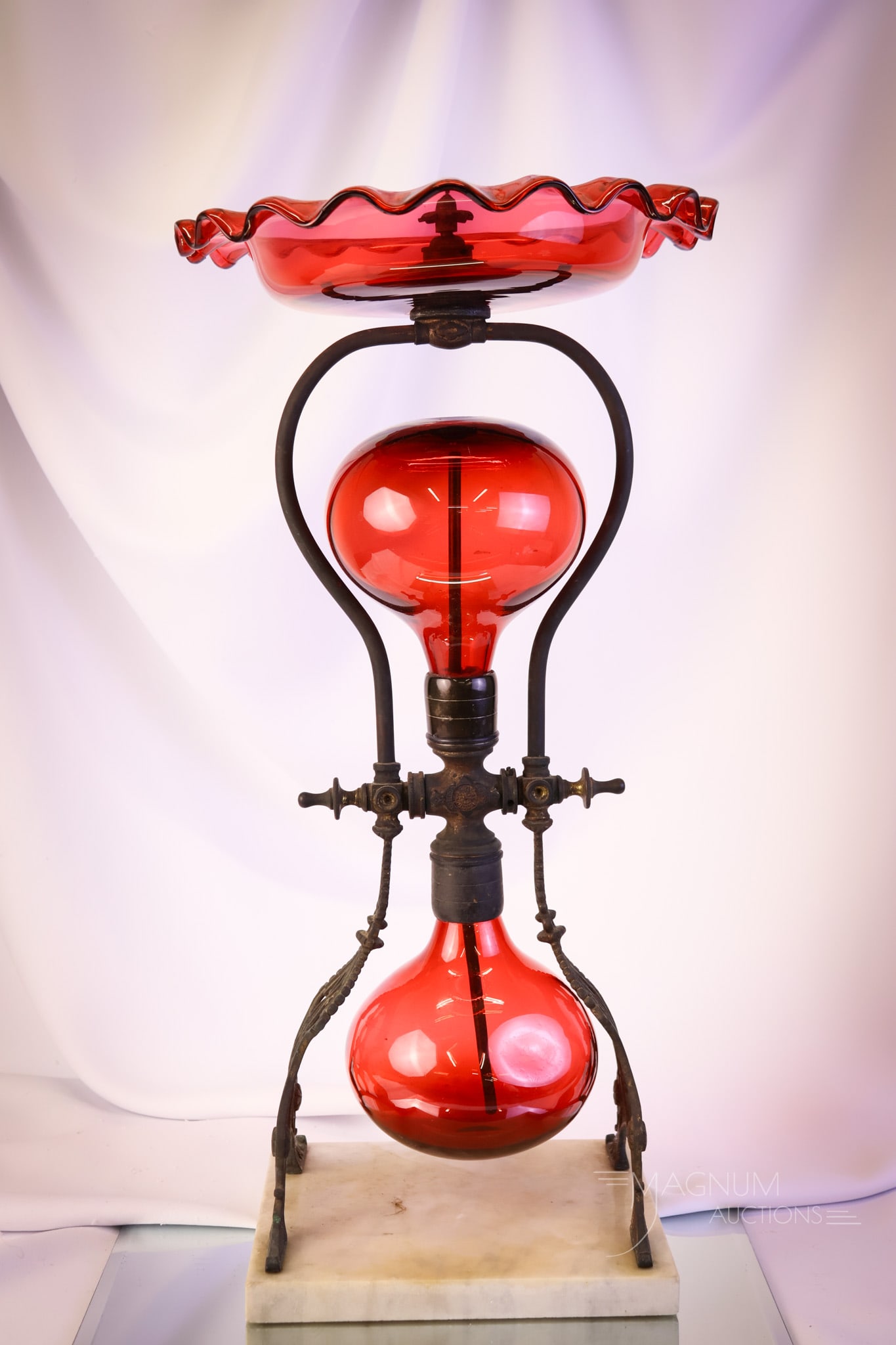 Rare Tufts Cranberry Victorian Glass Marble Base Parlor Fountain: A rare find in Victorian glass. This is a marked Tufts Cranberry blown glass parlor fountain. The parlor fountain features a marble base. This piece measures 20 1/4" tall and 10" wide. SHIPPING NOTICE