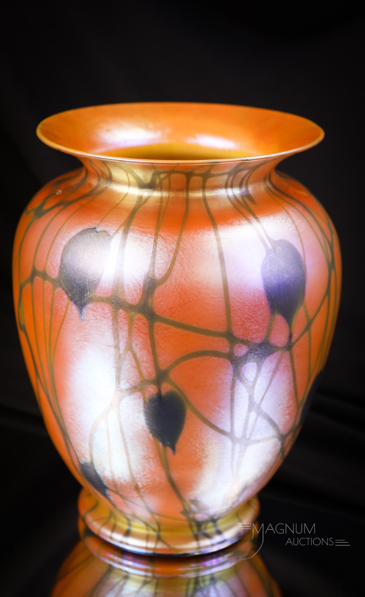 Durand Orange Iridescent Art Glass Heart & Vine Vase: A beautiful find in unmarked Durand art glass. This vase is an orange iridescent vase with heart & vine decoration. This beauty measures 6 1/2" tall and 5" wide. SHIPPING NOTICE: If you choose not to 
