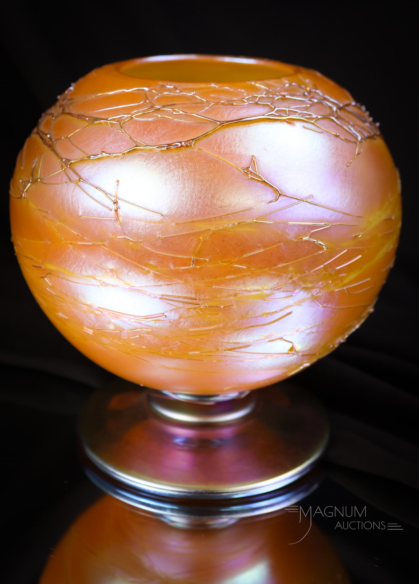 Signed Durand Footed Orange Iridescent Footed Rosebowl: A wonderful find in a footed signed Durand art glass rose bowl. This piece is in threaded orange iridescent glass. The piece measures 5" tall and wide. Some threading loss is noted. SHIPPING NOTICE: I