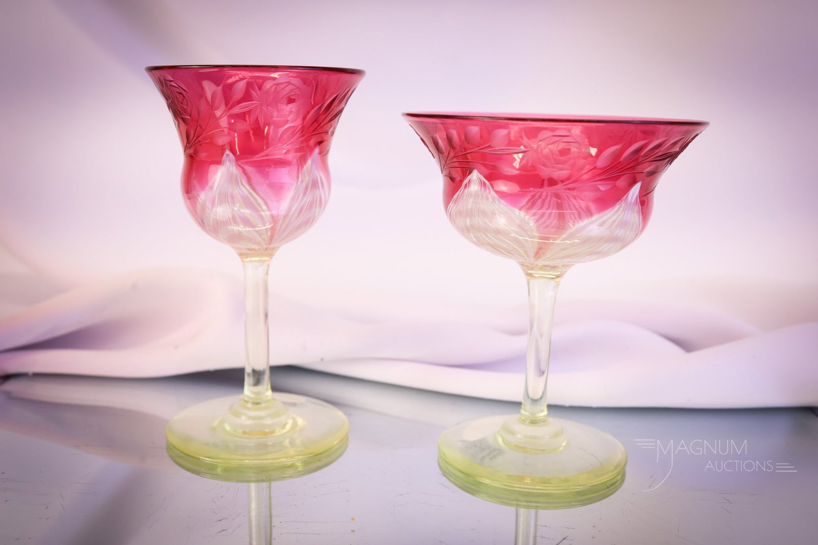 4 pc Lot Durand Ruby Pulled Feather with Rose & Leaf Cutting - 2