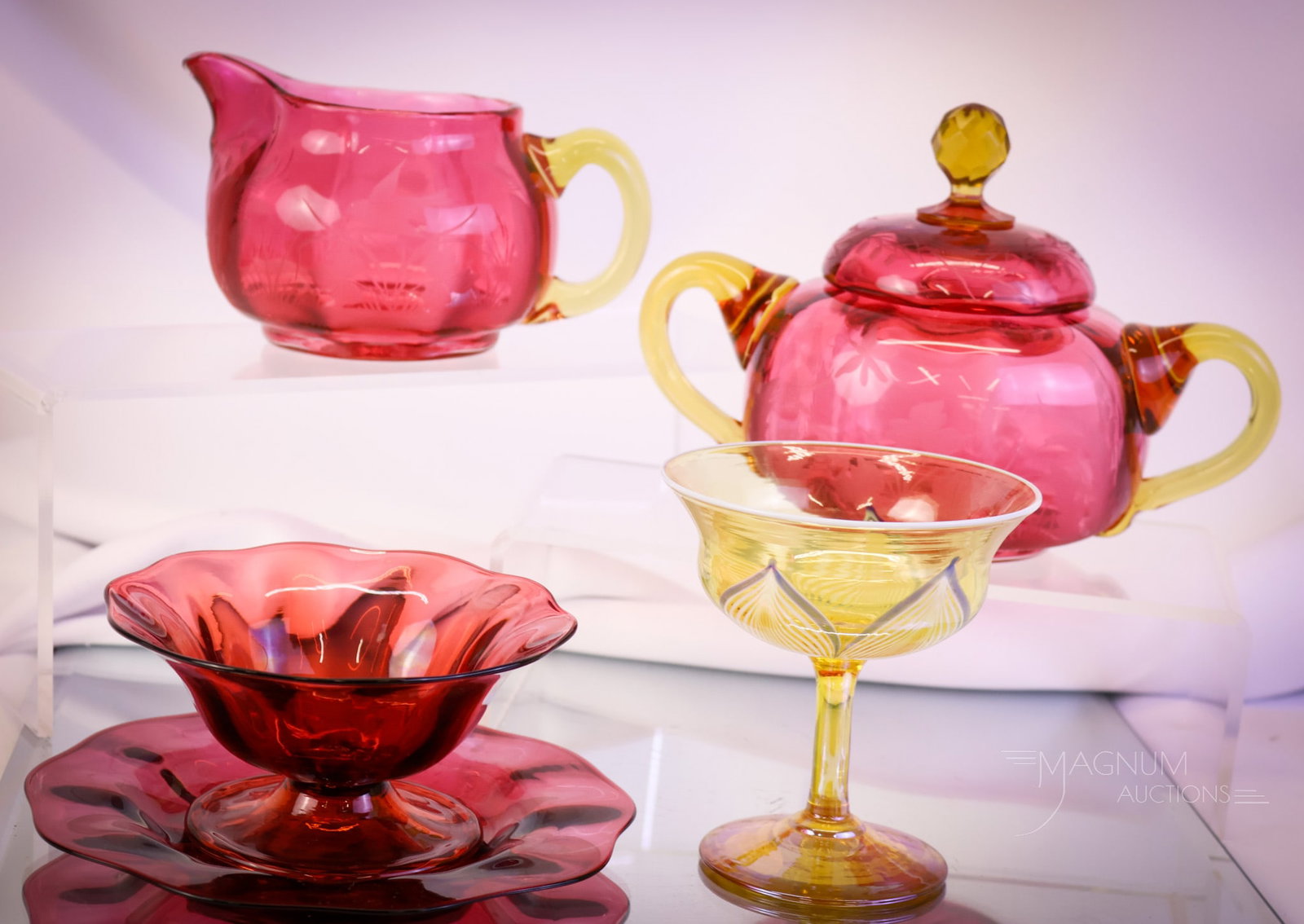 5 pc Lot Durand & Victorian Art Glass: Five selections that are sure to please. This lot offers some very nice delights. The first is a Durand Amberigris pulled feather sherbert. The second and third are a Durand Ruby optic sherbet and an 