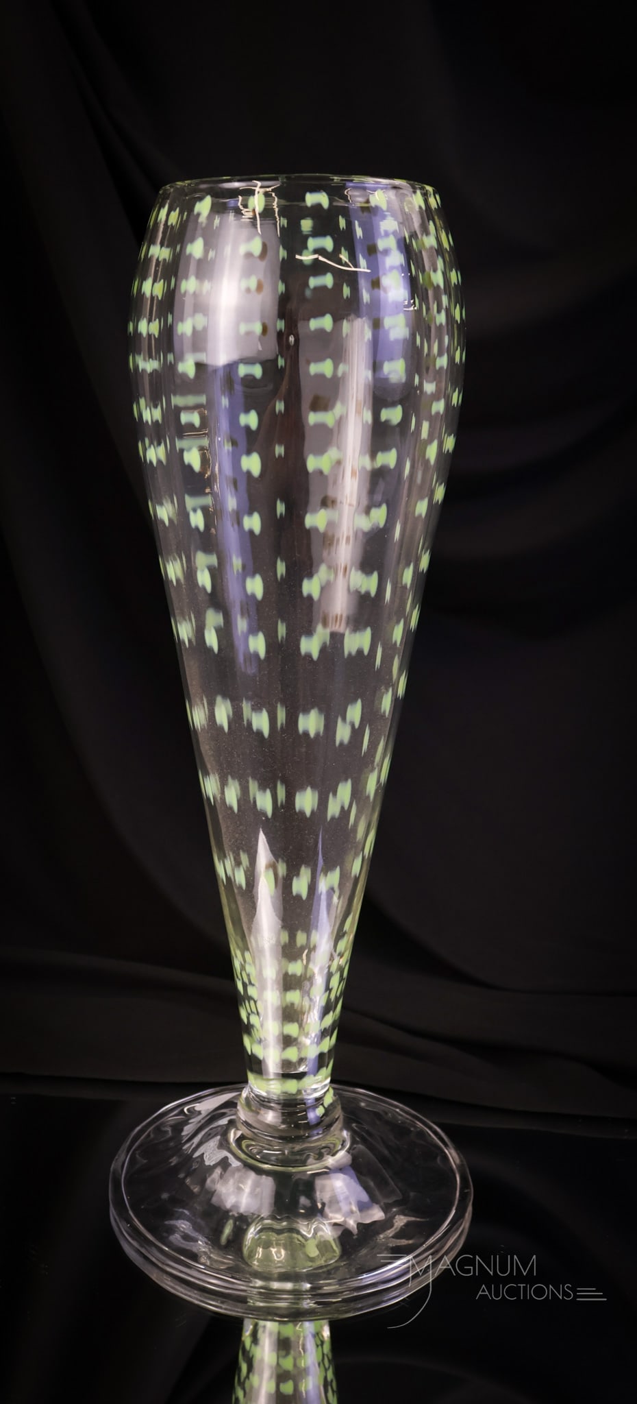 Libbey Nash 14" Art Glass Decorated Vase: A seldom-found piece of Libbey Nash. This is a 14" tall example with a green vertical spotlight pattern on a clear body. This vase is 4" wide. SHIPPING NOTICE: If you choose not to utilize the