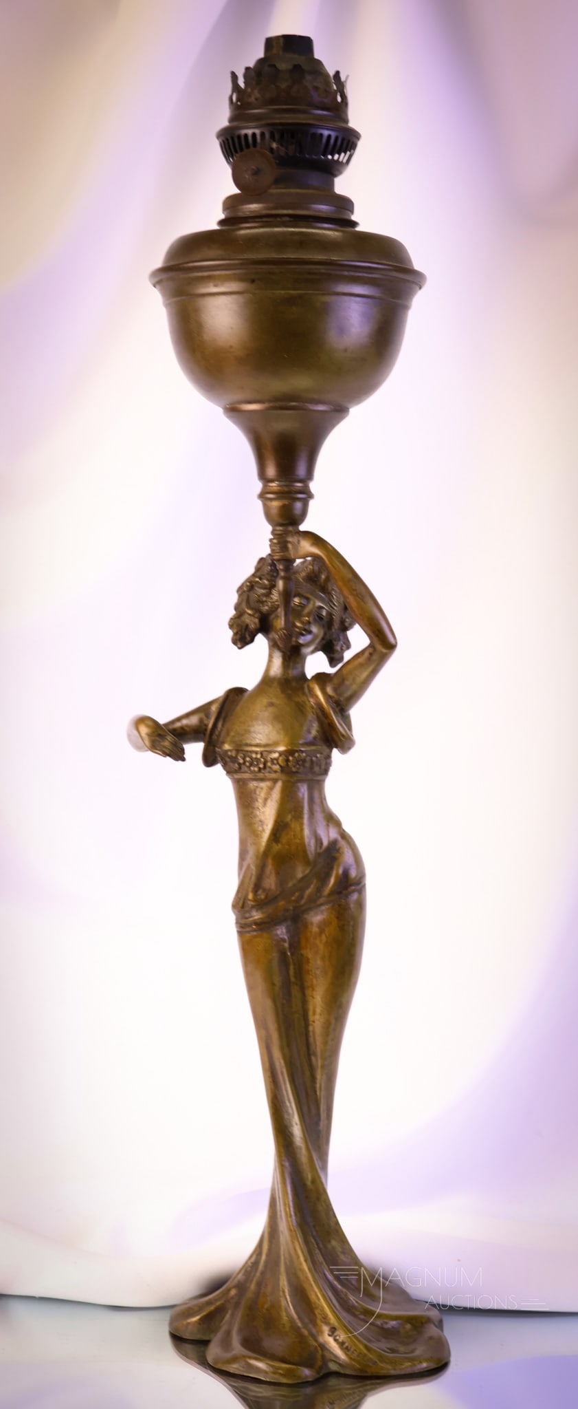 After Claude Bonnefond Bronze 25" Art Nouveau Figural Lady Oil Lamp: This piece is after Claude Bonnefond Bronze. It is an Art Nouveau figural lady oil lamp. The lamp has sinuous lines, and the lady is simply lovely. It is marked "Bonnefond" and "1947". The lamp
