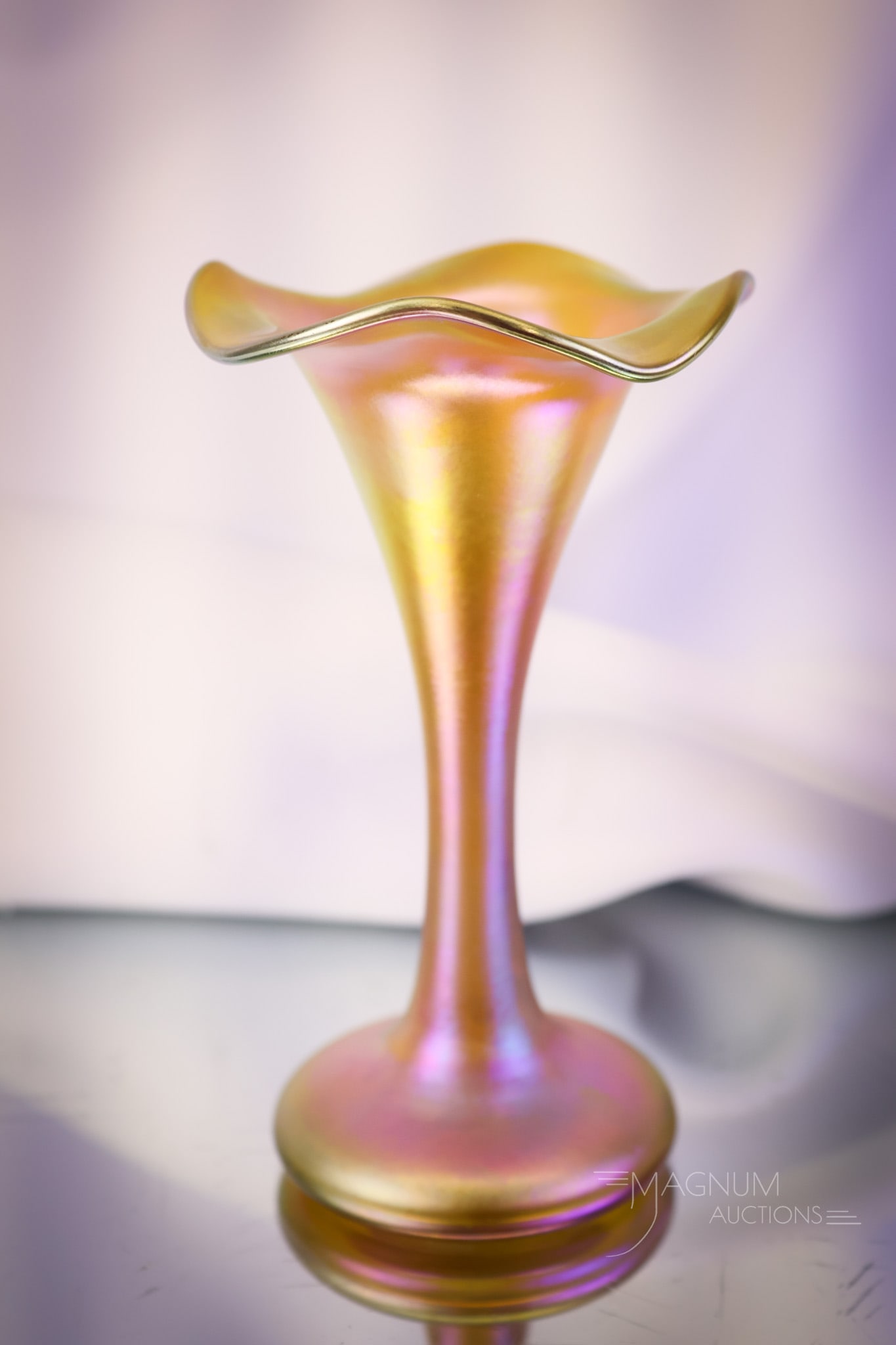 Signed Quezal Gold Iridescent Art Glass Cabinet Vase: A wonderful signed Quezal gold iridescent ruffled art glass cabinet vase. Lovely color and form. This piece measures just 5" tall and 3" wide. SHIPPING NOTICE: If you choose not to utilize the