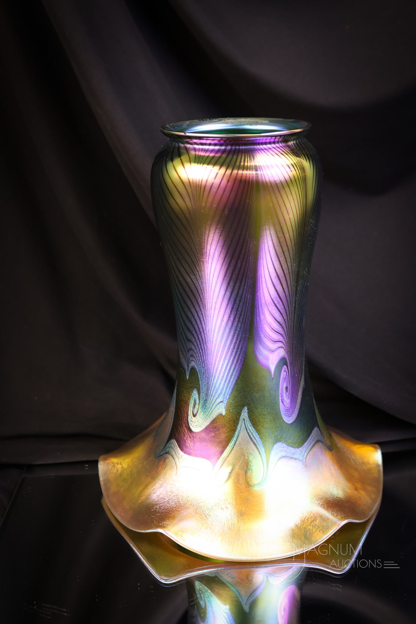 Museum Rarity Signed Quezal Hooked Feather Large 9" Art Glass Shade: A museum rarity for your bidding pleasure! This is a magnificent, signed Quezal hooked feather electric iridescent art glass shade. This shade has intense coloring around the body and an eye-pleasing