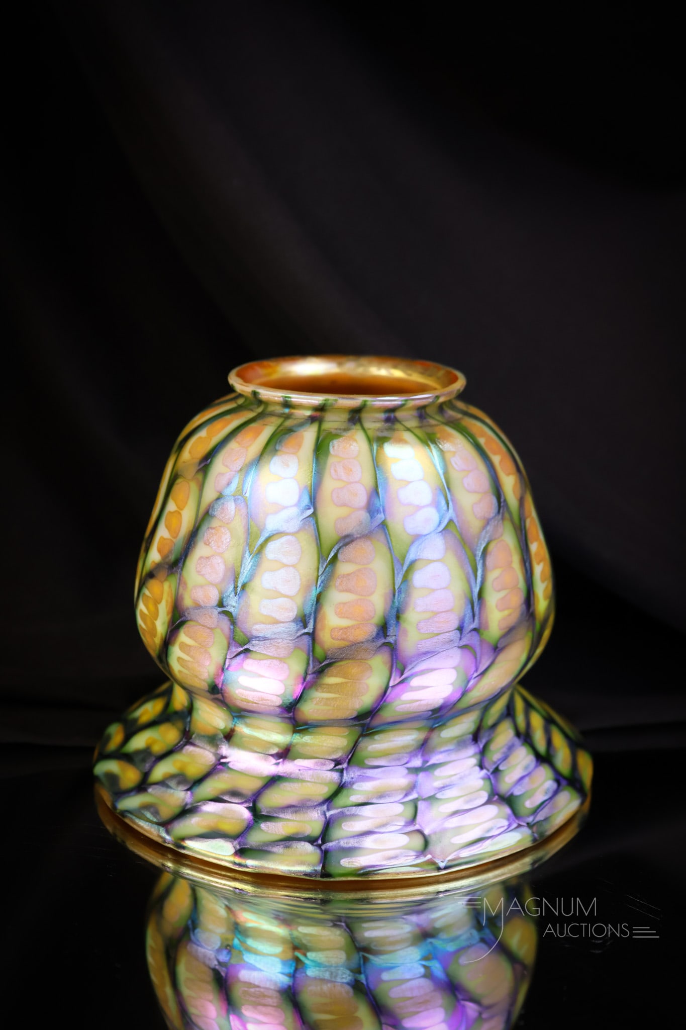 Signed Quezal Snakskin Blue & Green Iridescent Art Glass Shade: A fabulous signed Quezal art glass iridescent shade. This shade is in colors of blue and green with an orange interior. The glass on the exterior is a snakeskin pattern. A very showy and amazing