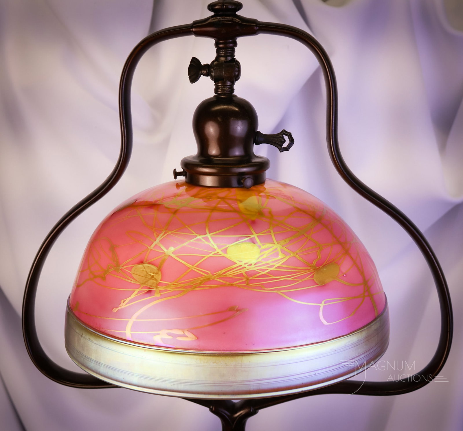 Museum Rarity Red Aurene Decorated Steuben Hanging Hearts Art Glass Shade on Handel Floor Lamp: A museum rarity! This is a very rare find in a Red Steuben Aurene Decorated art glass shade. This fabulous piece features gold Aurene hanging hearts on a flamingo pink rose ground with an Aurene edge.