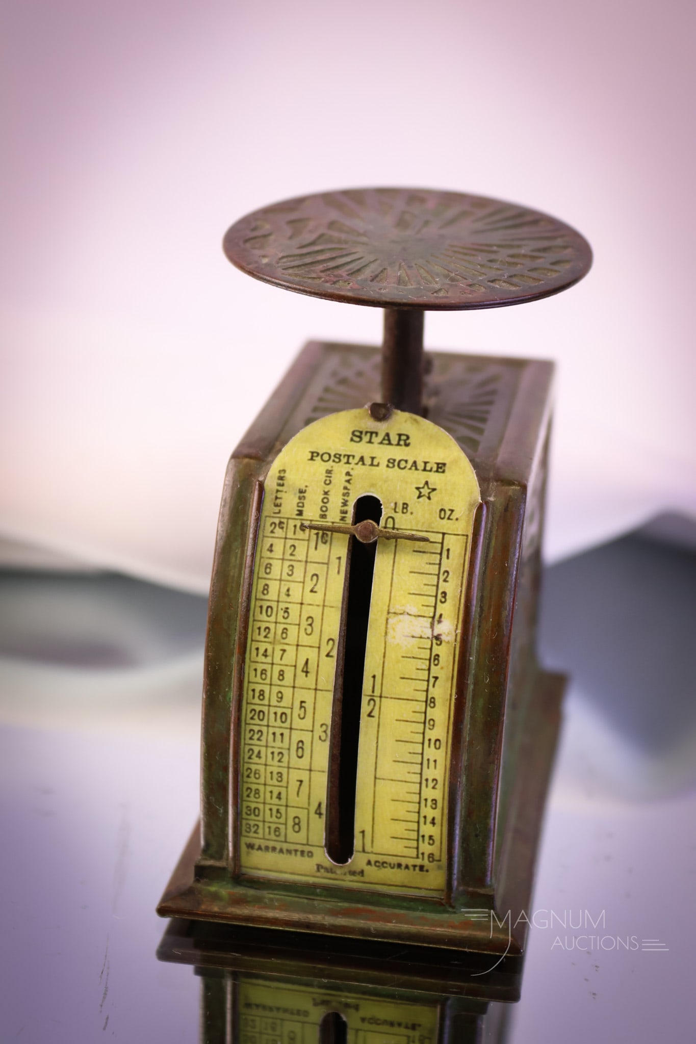 Marked "Tiffany Studios New York 872" Pineneedles Slag Glass Bronze Postal Scale: A nice find in a marked, "Tiffany Studios New York 872" Pineneedles postal scale. This piece has green slag glass and features the original patina. The scale measures 3 1/4" tall and 3" wide. SHIPPING