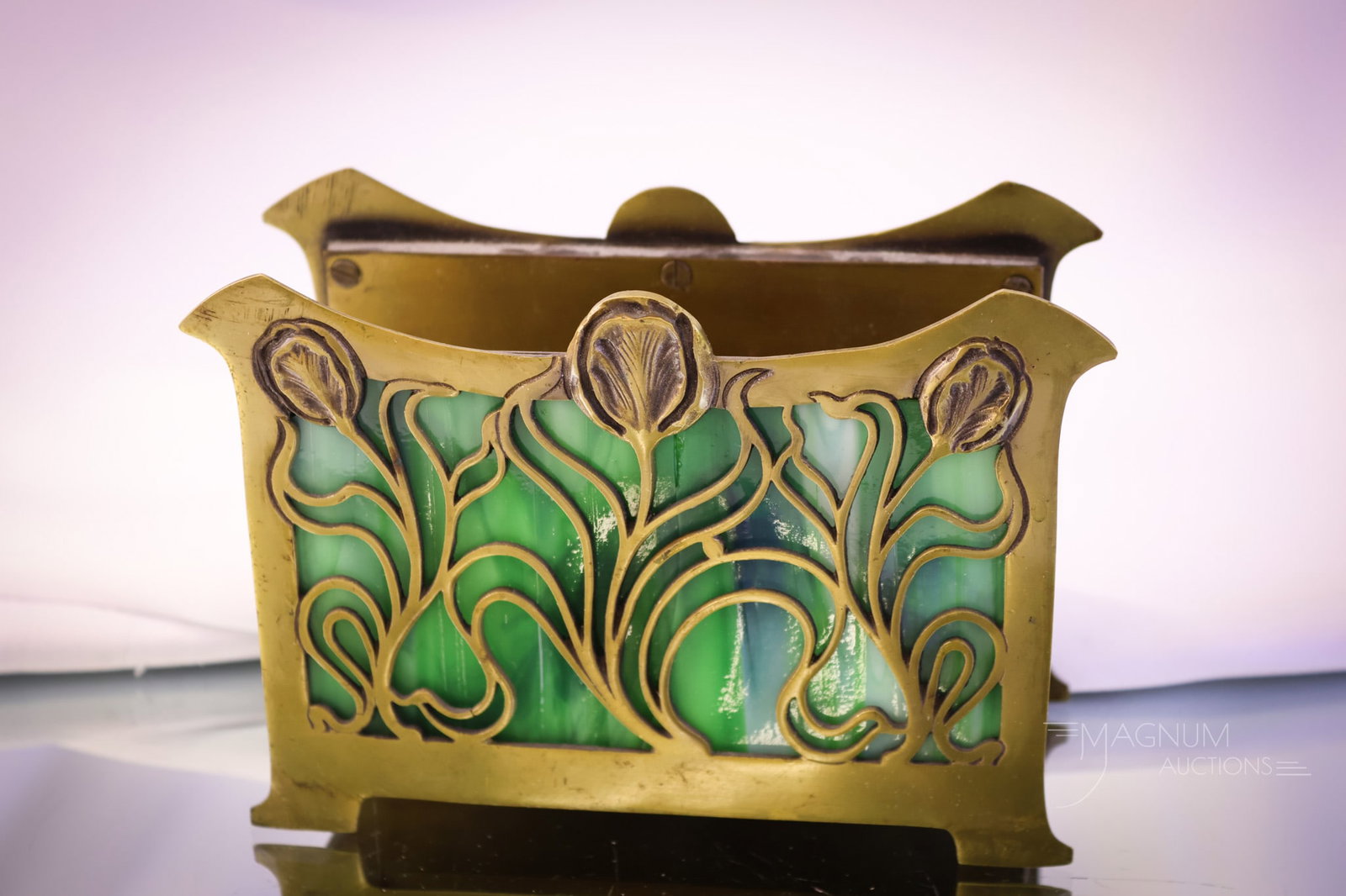 Art Nouveau Brass Filigree Green Slag Glass Letter Holder (1 of 6)