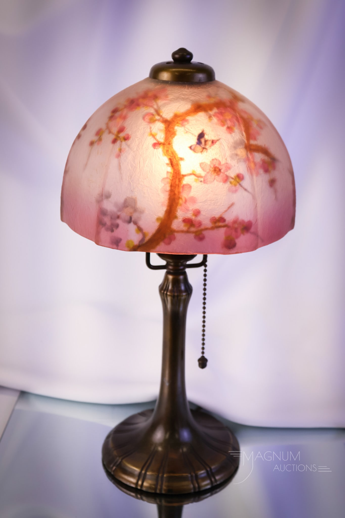 Marked "Handel 7015RC" Boudoir Reverse Painted Lamp Cherry Blossom and Butterfly: A charming little find in a marked handel boudoir table lamp. This lamp is signed on the base as well as the shade. The shade reads, "handel 7015 RC." The shade is decorated pink cherry blossom branch