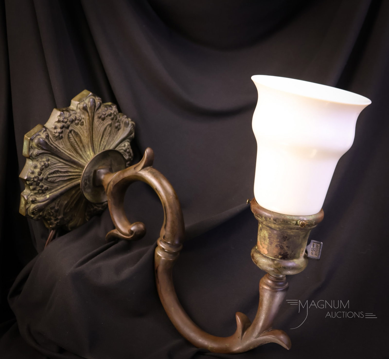 Marked "Tiffany Studios New York 1530" Bronze & Steuben Ivrene Shade Sconce: A marked "Tiffany Studios New York 1530" sconce or desk lamp. This is in bronze with a Steuben Ivrene glass shade. The lamp measures 13" tall and 8" wide. SHIPPING NOTICE: If you choose not to utilize
