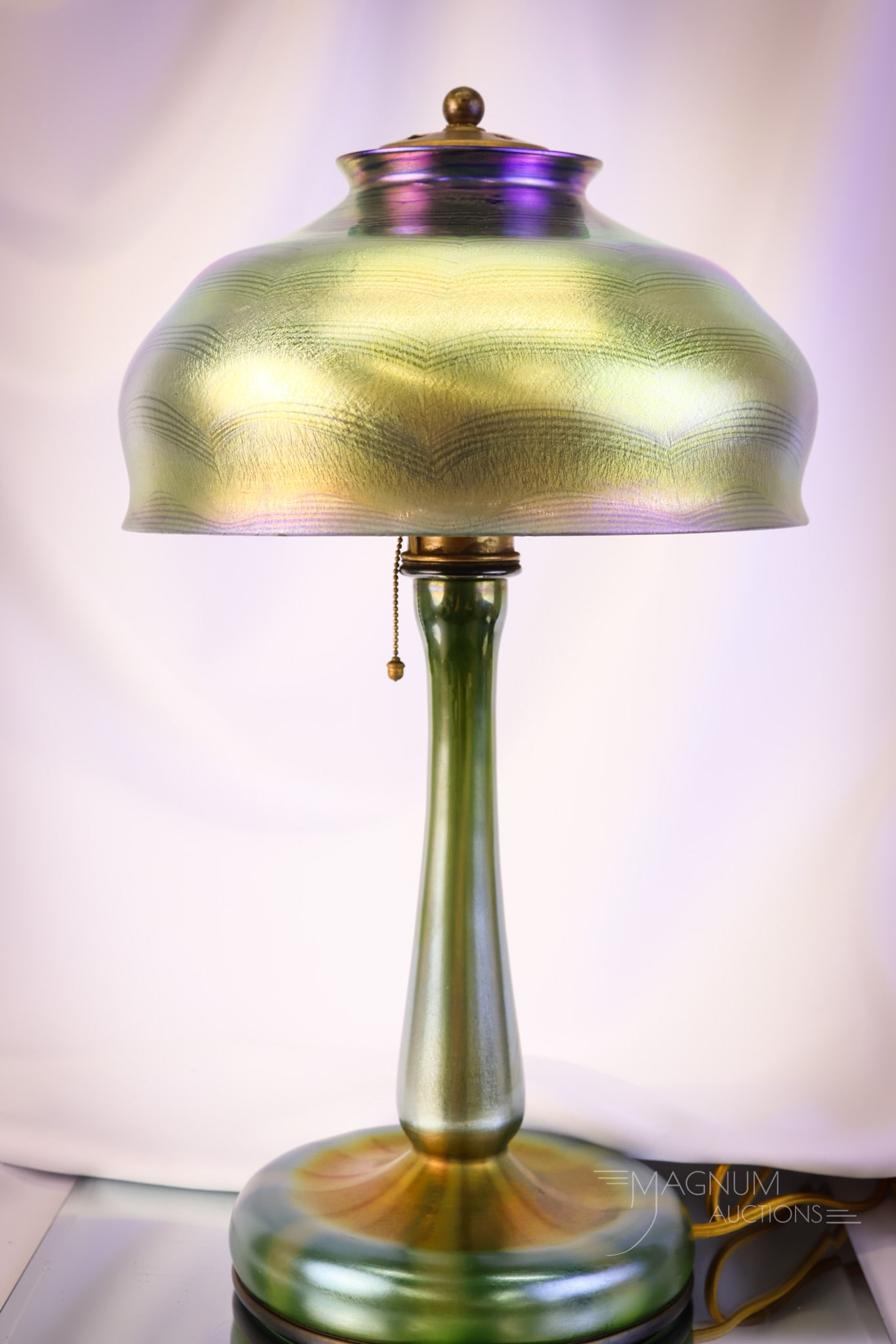 Signed "L.C.T. Tiffany Favrile" Blue Green Iridescent Glass Table Lamp - 4