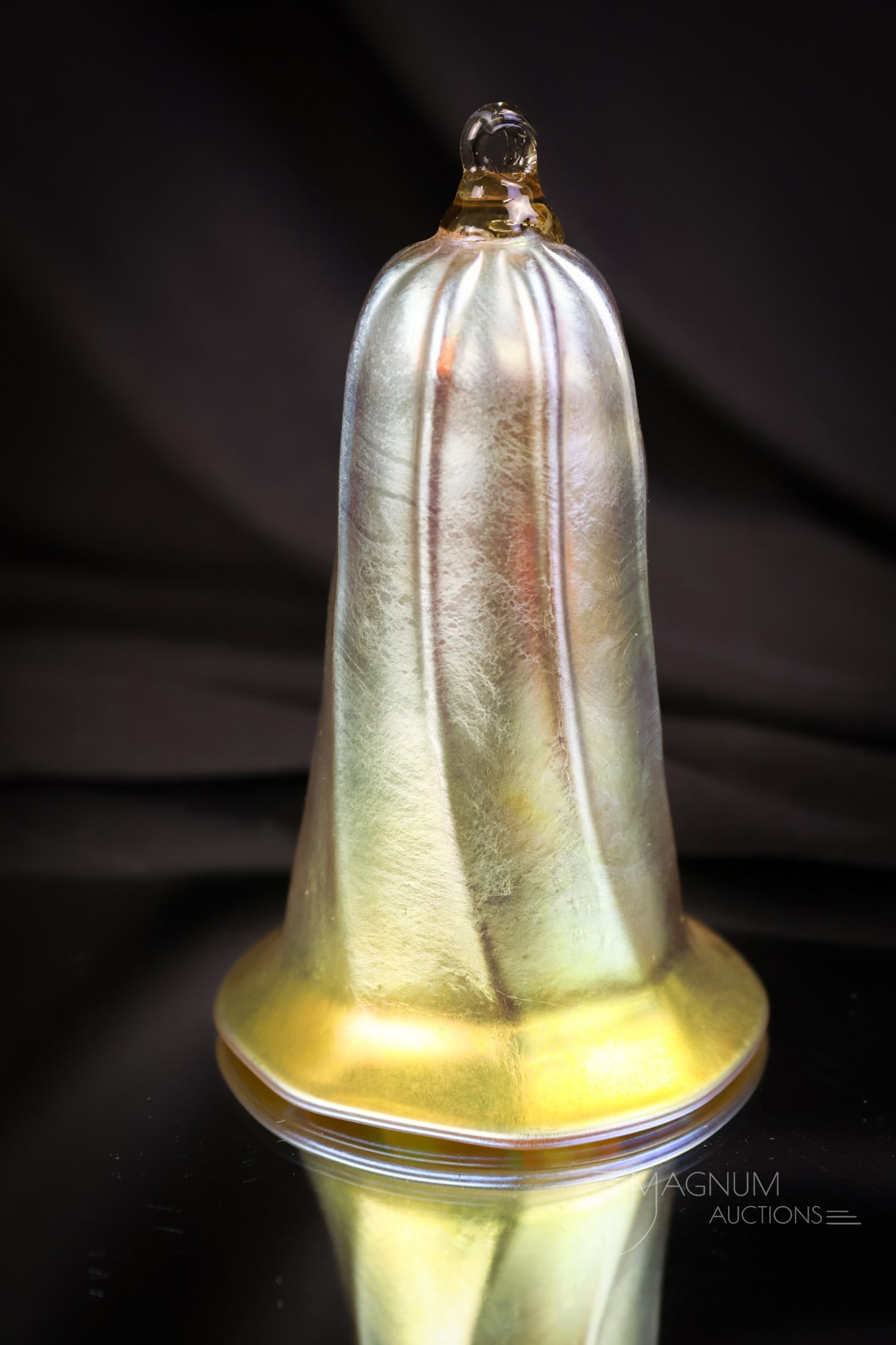Signed "1583 Tiffany Favrile Gold Iridescent 4" Smoke Bell: A charming little signed, "1583" Tiffany gold favrile smoke bell or bell ornament. This piece has great coloring. The bell measures 4" tall and 2 1/2" wide. SHIPPING NOTICE: If you choose not to utili