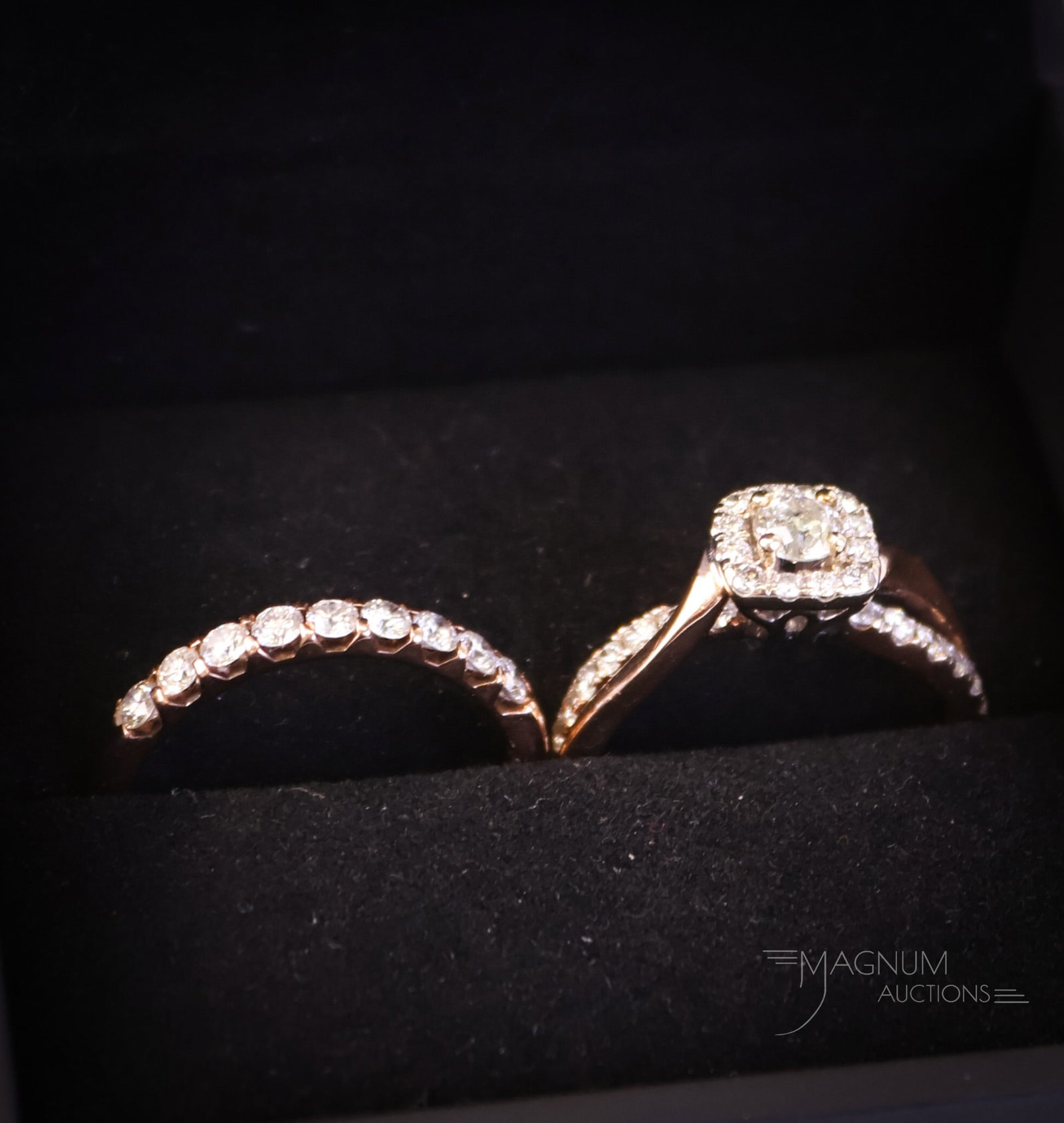 Rose Gold Diamond Engagement Set: A beautiful rose gold and diamond engagement ring set. The engagement ring is 2.6 dwt 14K gold. It has a 4.11 mm center diamond, approxiamately .027 ct. The halo has 12 diamonds .12 ct, 1.33mm. There 