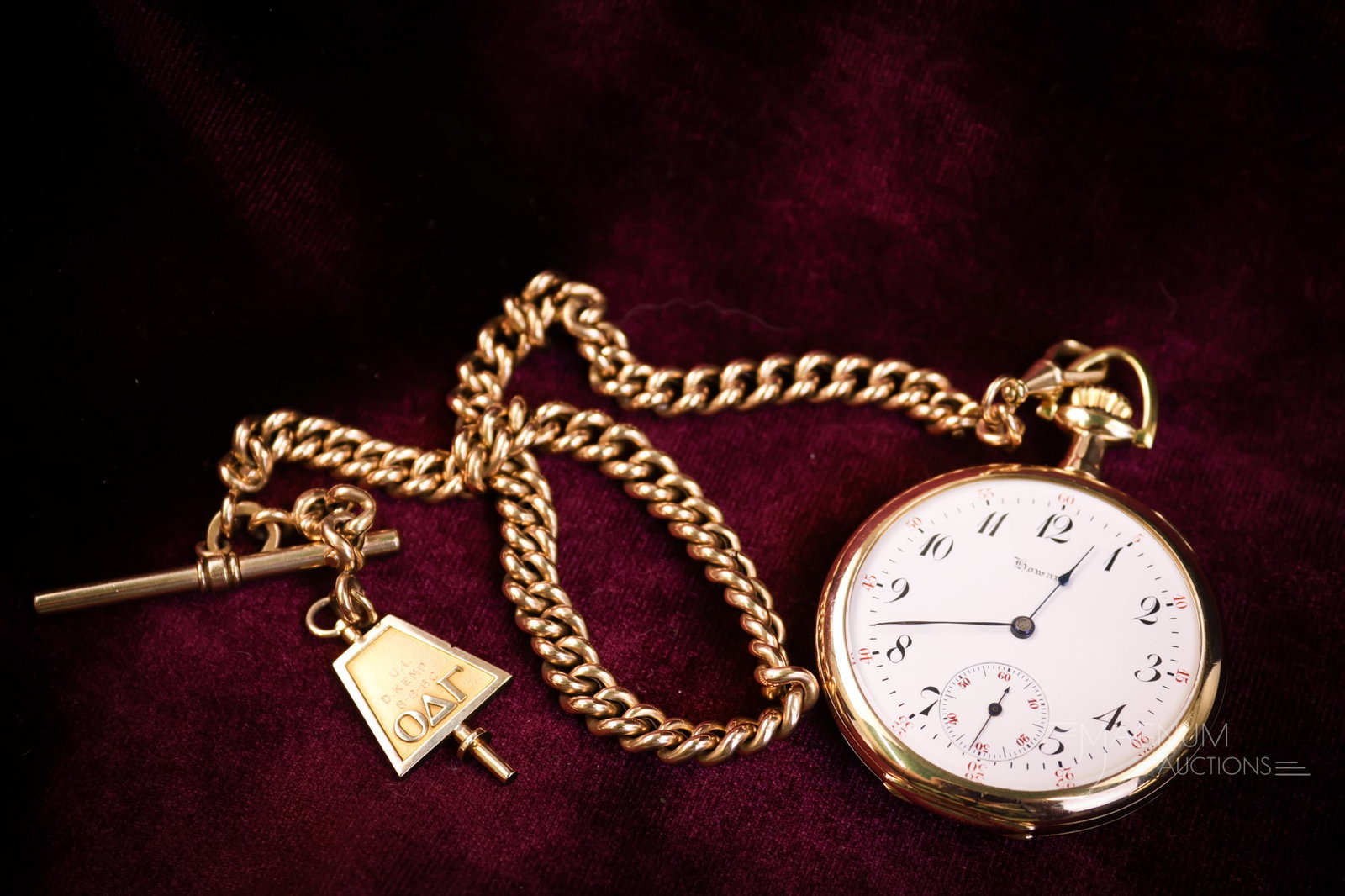 Howard 14 K Gold Antique Pocket Watch & Watch Chain w/ Fraternity Pin WIRE TRANSFER CASH ONLY: Credit Cards are NOT accepted for this item. Live Auctioneers has blocked credit card purchases of this item because of fraud. WIRE TRANSFER OR CASH ONLY! This is a Howard 14K gold dust cover case ant