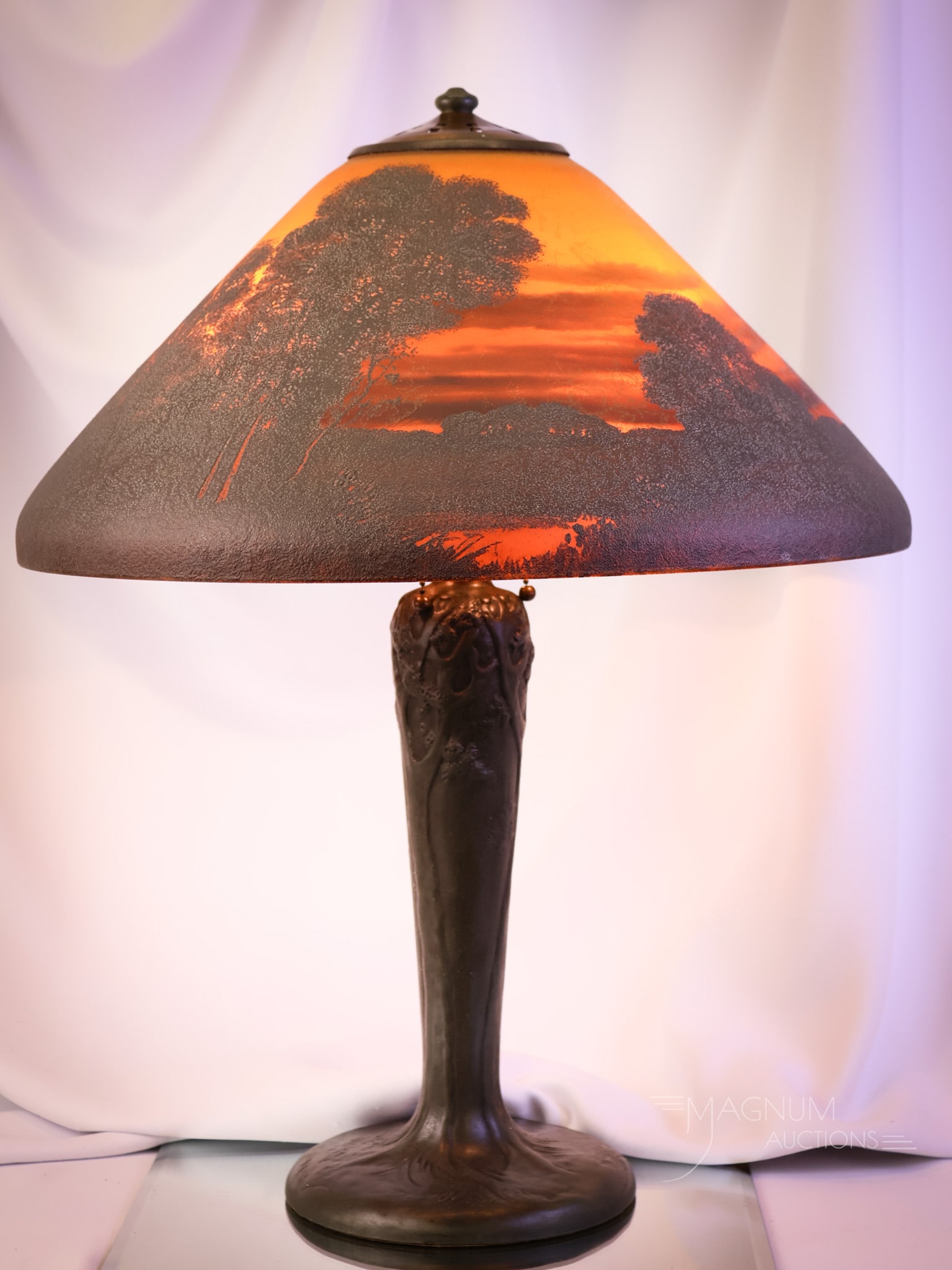Arts & Crafts Handel "6523" Reverse & Obverse Painted Antique Table Lamp Tree Figural Base (1 of 15)