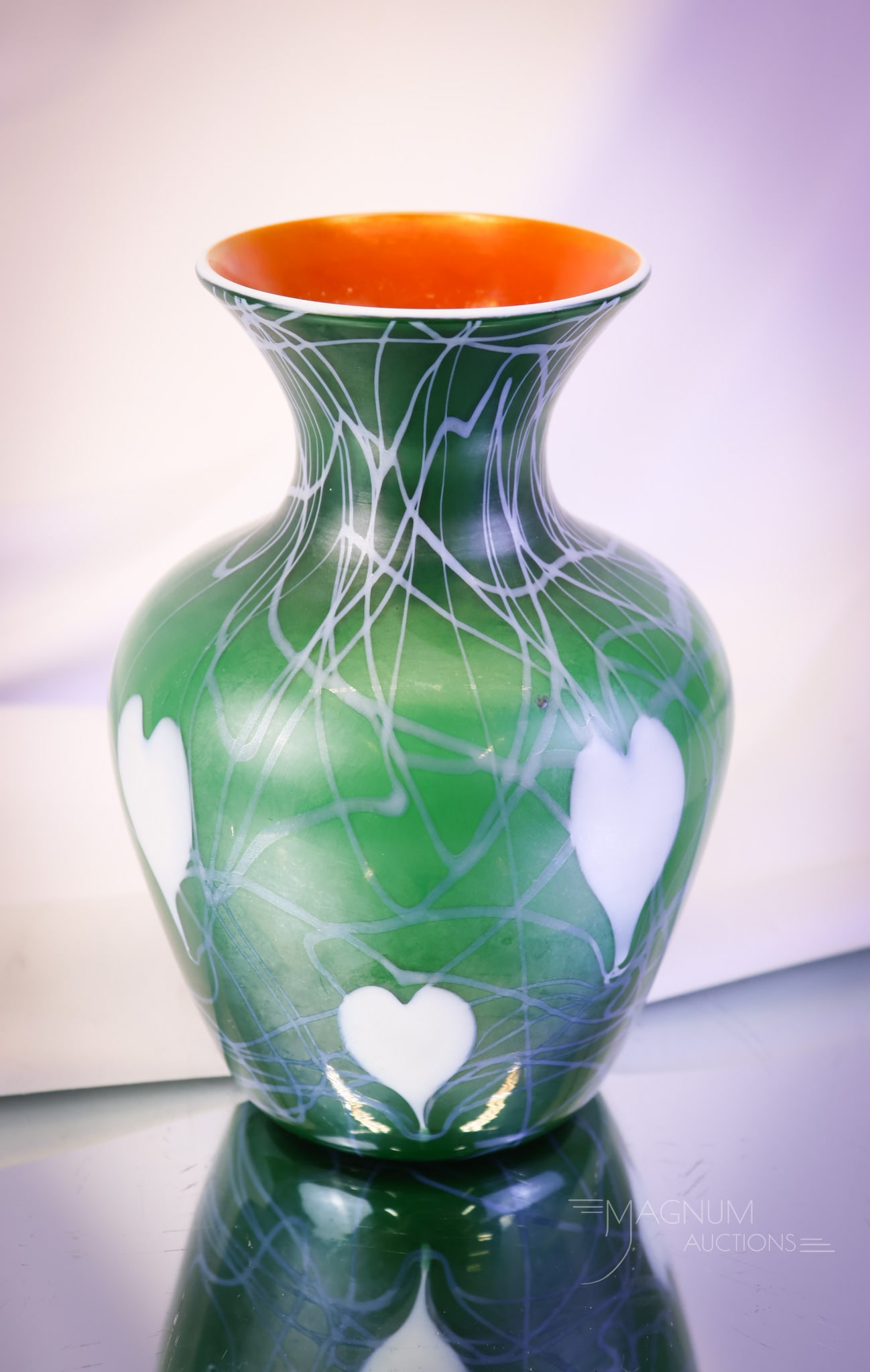 Imperial Freehand Lead Lustre Heart & Vine Dark Green Orange & White Vase (1 of 7)