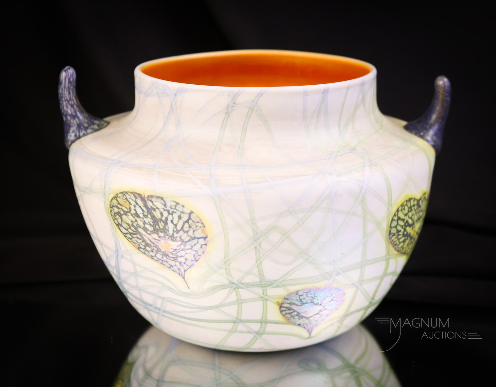 "Plate Piece" Imperial Freehand Lily Pads & Vines Art Glass Vase: This beautiful piece is the plate piece used in the"Imperial Free Hand Art Glass" book by Albanese on page 50a. This vase has a silvery iridescence, colored prunt handles, dark orange throat, and yell