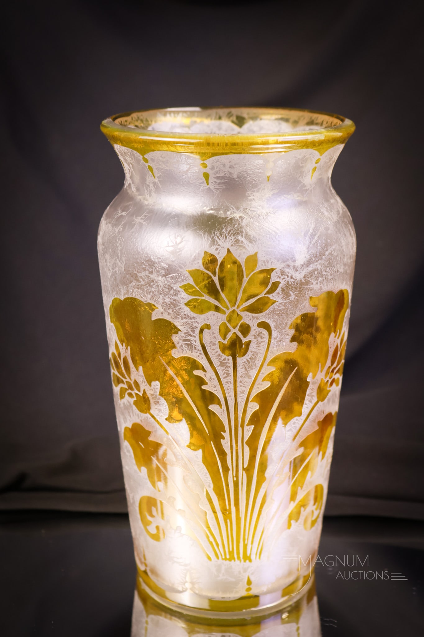 Signed, "Palme" Handel Acid Etched Cameo Chipped Ice Art Glass Vase: A fine signed" Palme" Handel chipped ice cameo glass vase with amber staining. This vase measures 8" tall and 4" wide. SHIPPING NOTICE: If you choose not to utilize the LiveAuctioneers LiveShip progra