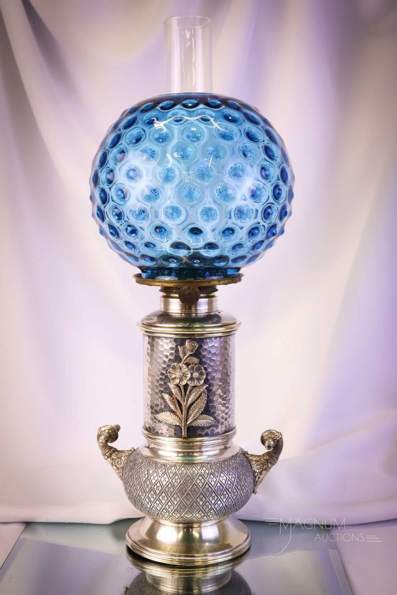 Tufts Victorian Silverplate Aesthetic Movement Antique Oil Lamp Sapphire Blue Hobnail Glass: A beautiful and quite rare Victorian silverplate marked Tufts oil lamp. This great example is a seldom-seen form. The lamp retains the original drop in font. The lamp is in an Aesthetic Movement style