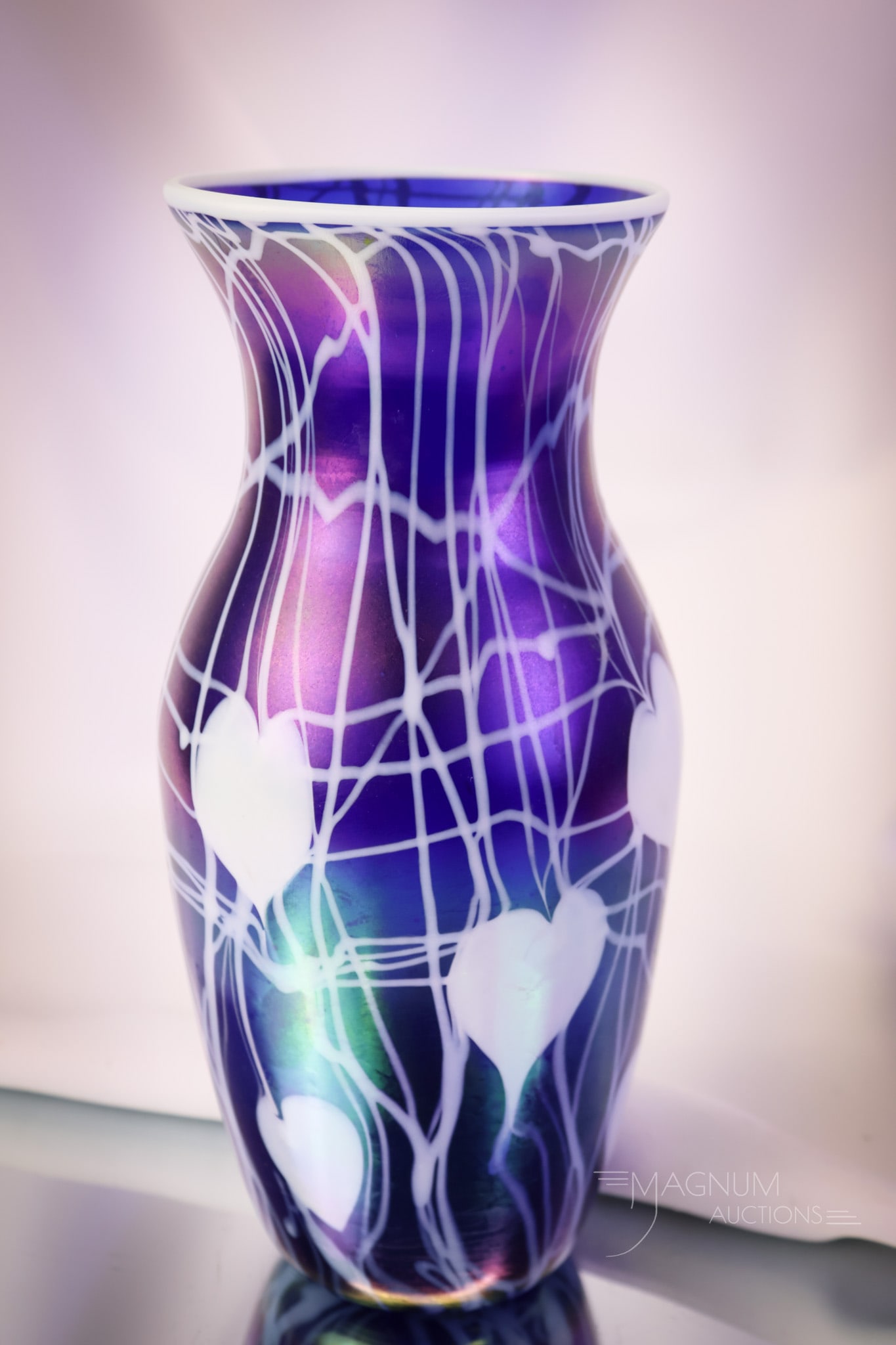 Imperial Freehand Electric Blue Heart & Vine Art Glass 10" Vase: A glorious Imperial freehand vase with heart and vine decoration. The vase is electric blue with heart and vine decoration in white. It also has a white rim. SHIPPING NOTICE: If you choose not to util