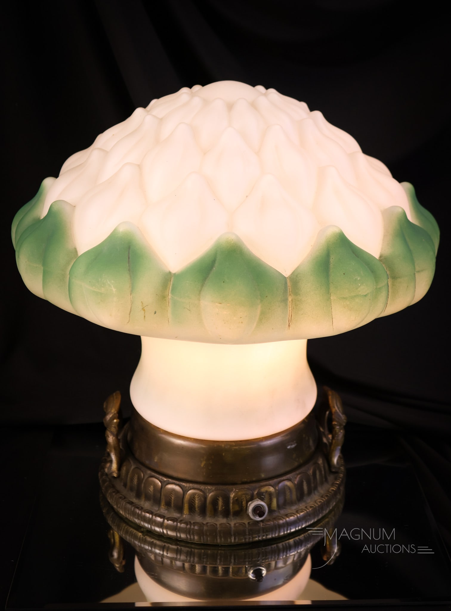 Rare Pittsburgh Art Glass Artichoke Mushroom Antique Table Lamp: A rare find in a Pittsburgh antique table lamp. This is a mushroom-form artichoke antique table lamp. This lamp features a white shade with green decoration. The lamp retains the original base. The la