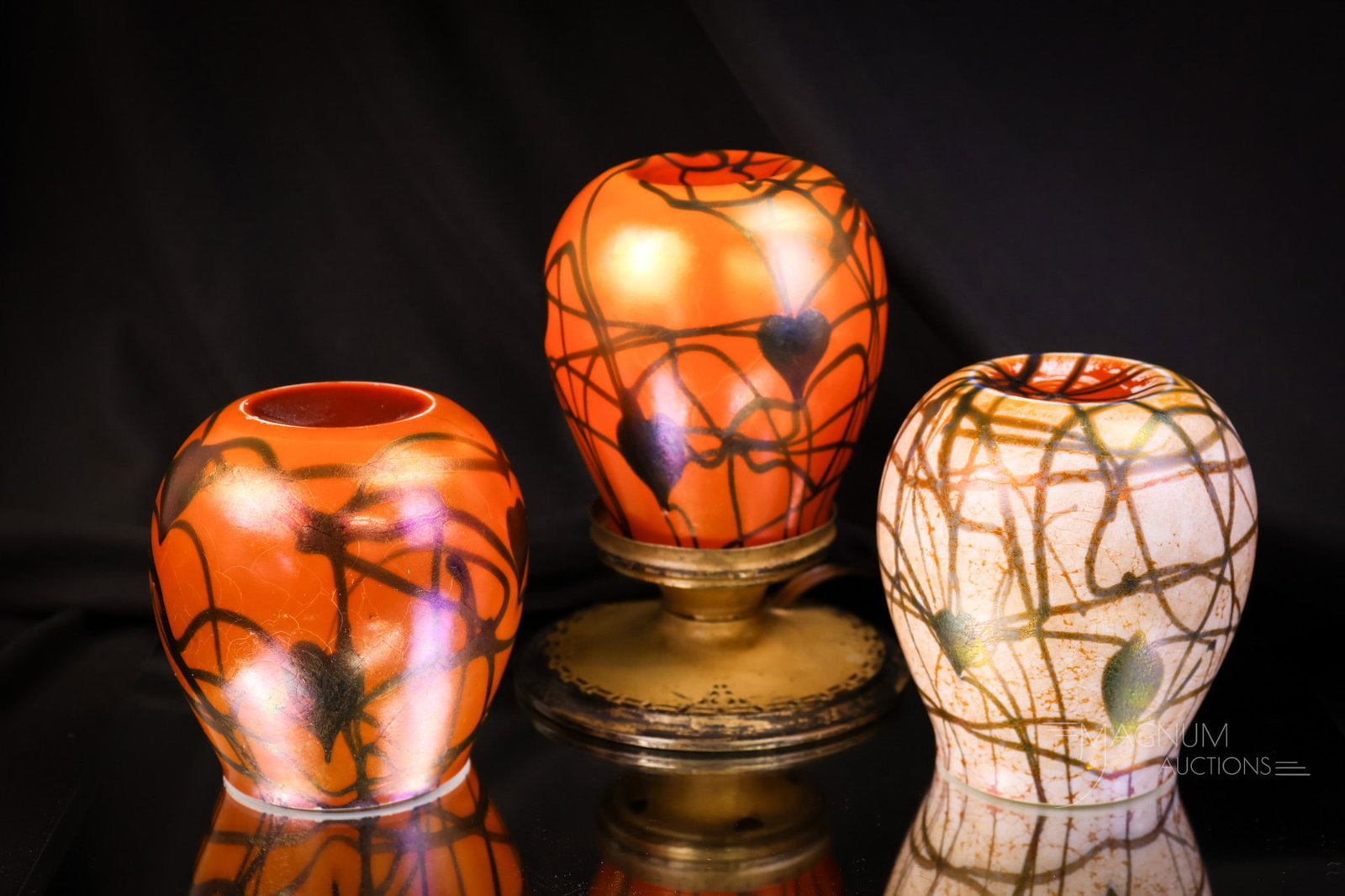 "Plate Pieces" Imperial Perfume Lamp & Shades Orange & Experimental: Three nice finds in this lot of Imperial art glass. This lot is made up of the plate pieces used in the book, "Imperial Free hand Art Glass" by Albanese and Scialdone. These are shown on page 55 of th