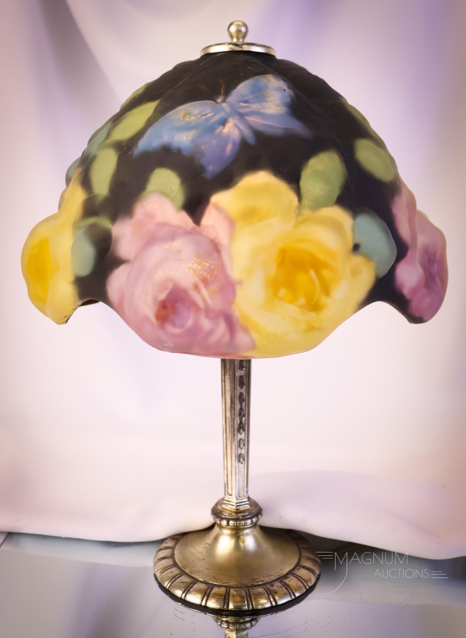 Signed Pairpoint Silverplate Rose Bonnet Puffy Reverse Painted Boudoir Table Lamp (1 of 13)