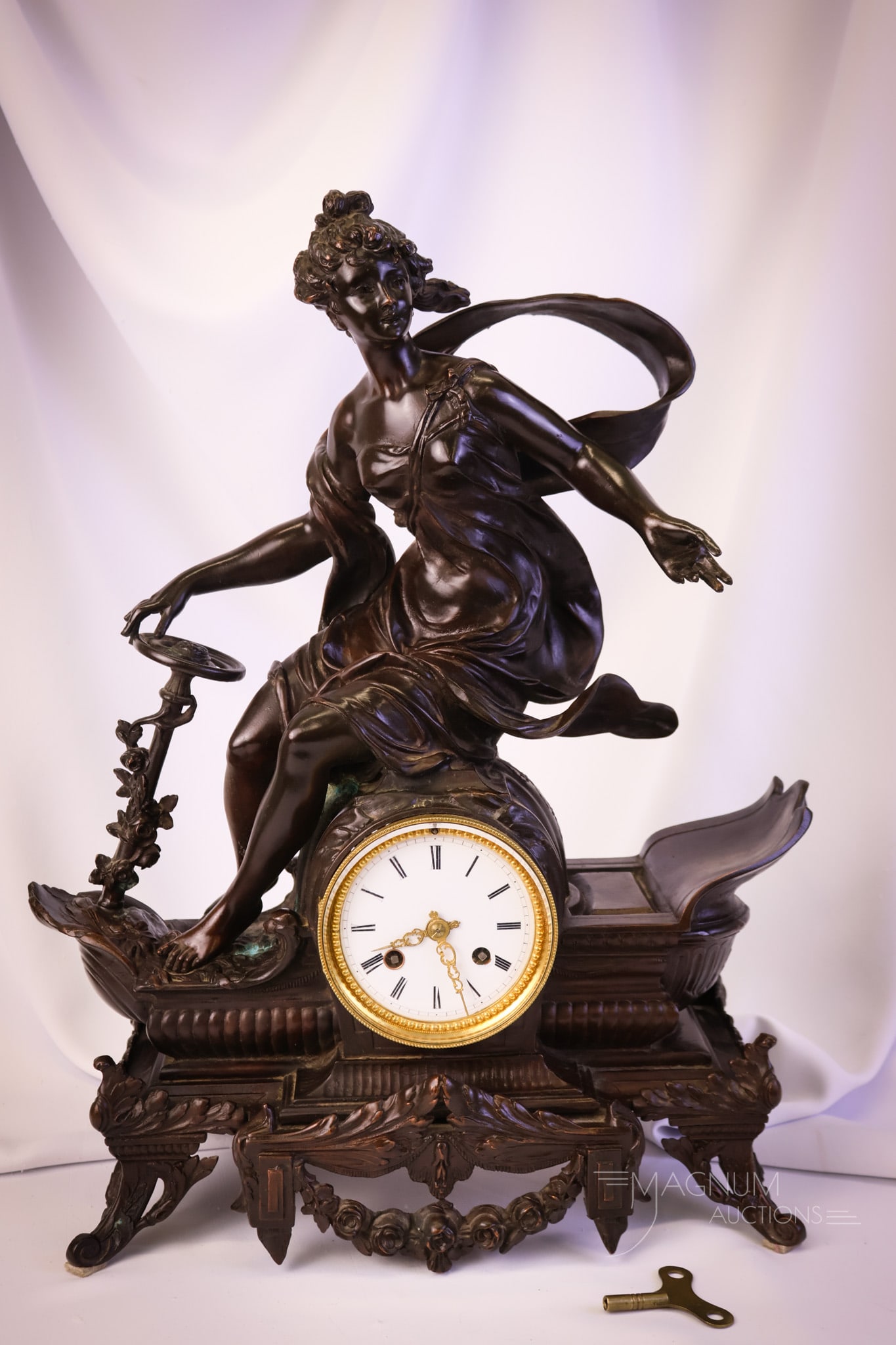 French circa 1908 Large 20" Spelter Figural Mantle Clock (1 of 12)