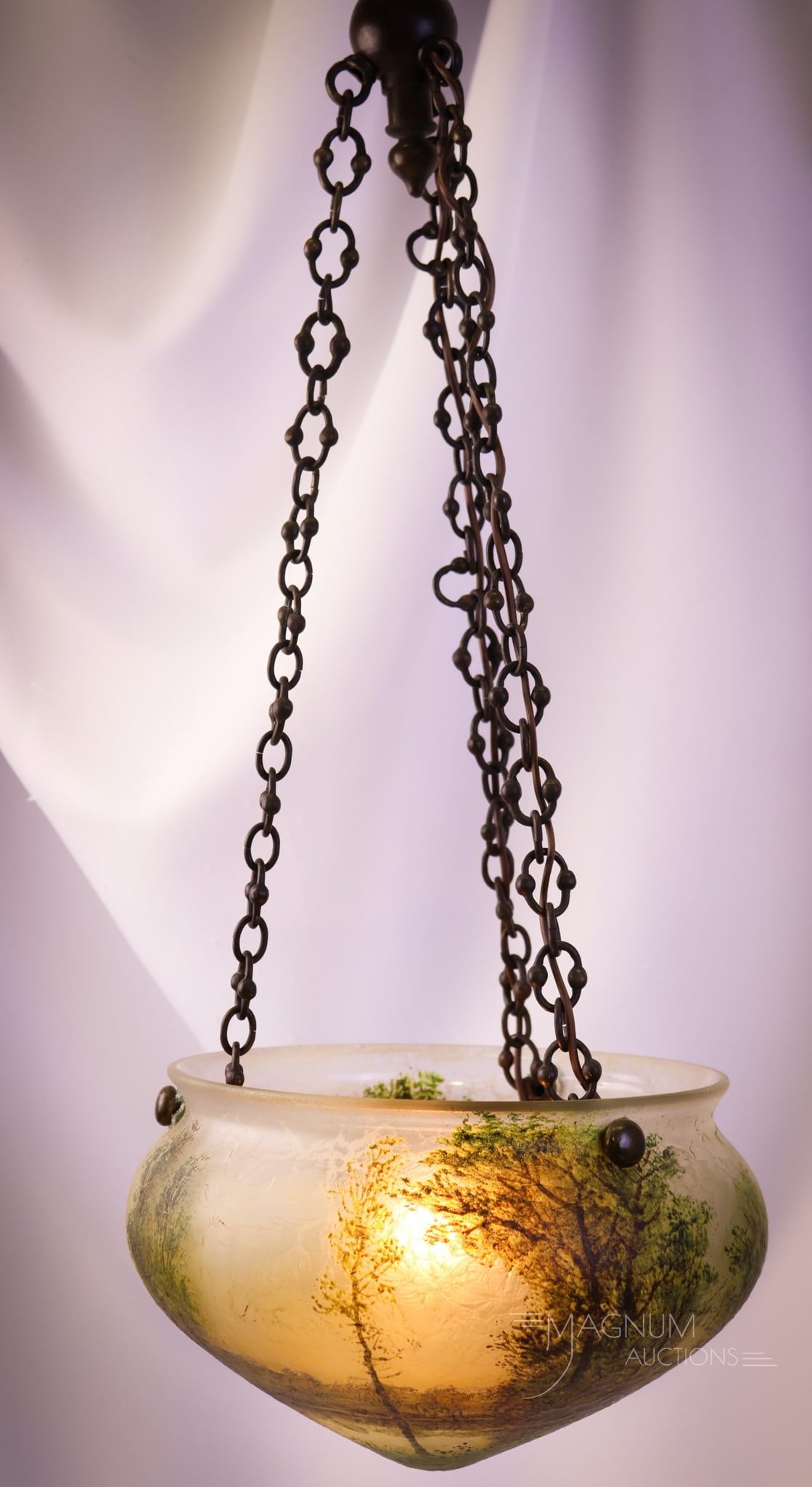 Very Rare Handel Arts & Crafts Chipped Ice Reverse/Obverse Painted Hanging Hall 9 1/4" Lamp (1 of 20)