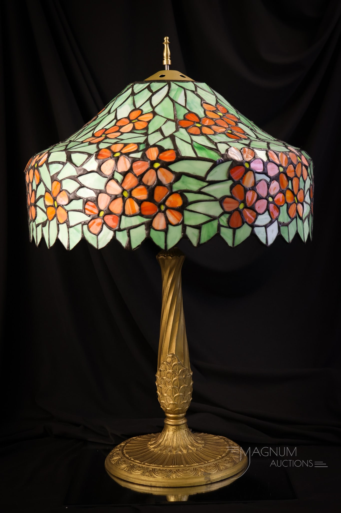 Antique Salem Bros. Table lamp w/ Leaded Shade: Here's a fine antique Salem Bros. marked antique table lamp base. The base is marked, "S.A.L. Co." and "175". For Salem Bros. The lamp has been fitted with a leaded glass shade with floral blossoms. T