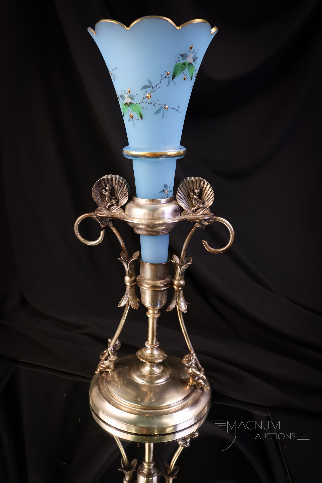 Middletown Silverplate Figural Cherub Blue Opaline Satin Glass Epergne Vase (1 of 7)