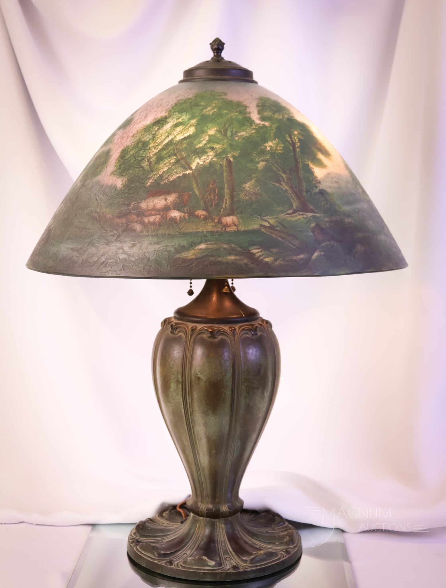 Pittsburgh Reverse Painted Scenic Pastoral w Cattle Antique Table Lamp: A fine piece for your home. This is a Pittsburgh reverse-painted antique table lamp. This lamp features a shade with a pastoral scene of cattle and a farmer. The base is marked, "P.L.B. & G. Co. 2200.