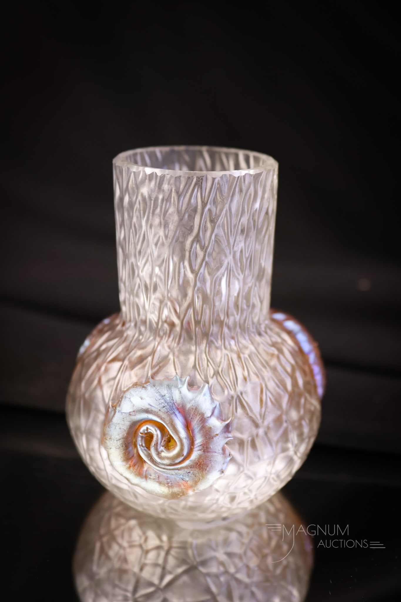 Loetz "Nautilus" Candia Martele Miniature Glass 3" Cabinet Vase: Another gem for your collection! This is a Loetz "Nautilus" miniature cabinet vase in Candia martele. The vase is circa 1903. The vase features three silvery-yellow applied twisted glass tadpoles. The
