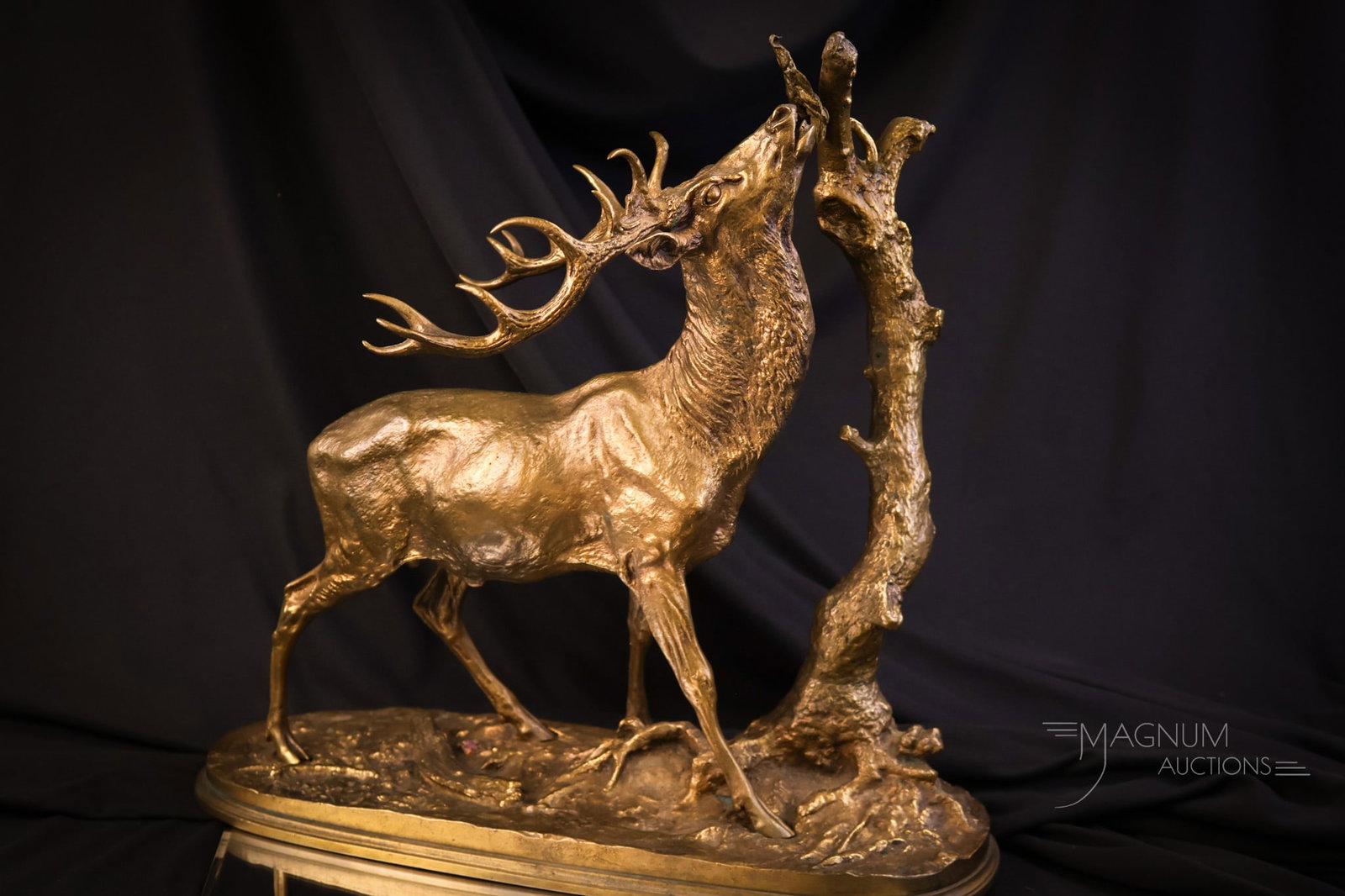 Pierre-Jules Mene Bronze 14" Stag Sculpture: A wonderful signed Pierre-Jules Mene bronze sculpture of a stag and tree. This piece measures 14" tall and 14 1/2" wide. This would be a wonderful addition to your collection The piece is very detaile