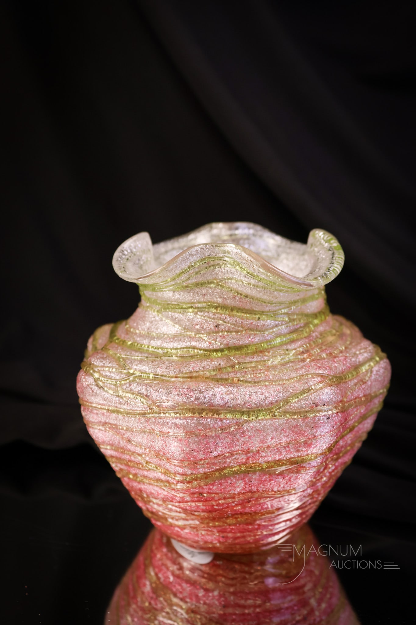 Kralik Silveria Threaded Art Glass 4" Vase: A wonderful find in a piece of Kralik Silveria glass. This is a cabinet vase with a beautiful form. The piece also has very nice color and threading. The vase measures 4" tall and 4" wide. SHIPPING NO