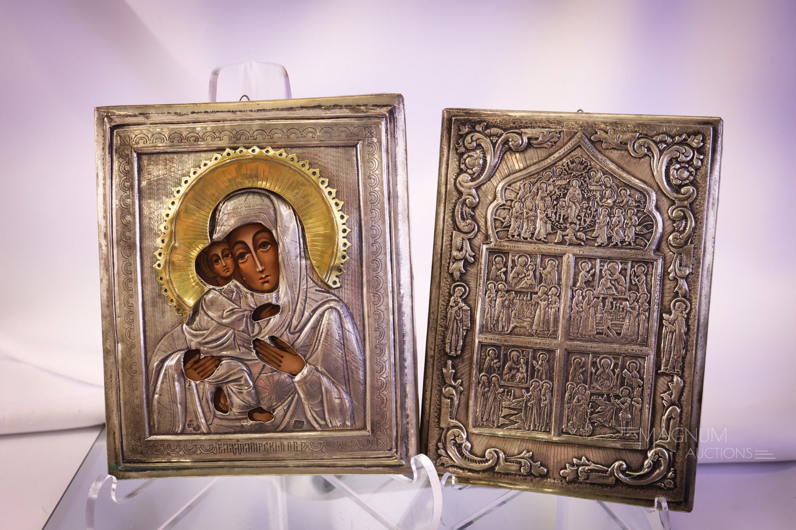 2 pc Lot Antique Russian Religious Icons in Silverplate (1 of 13)