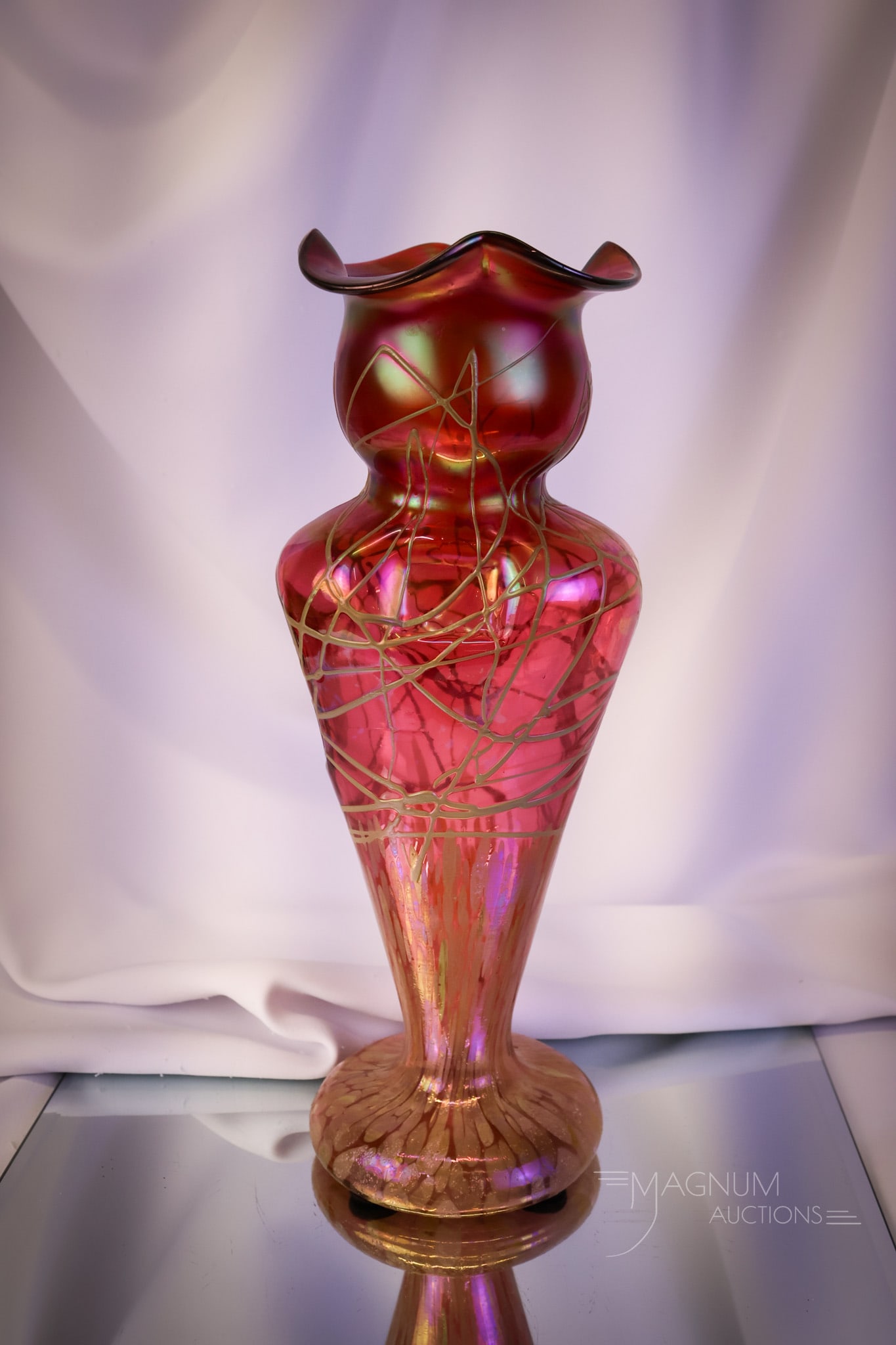 Austrian Red Iridescent Threaded Art Glass Vase. (1 of 9)