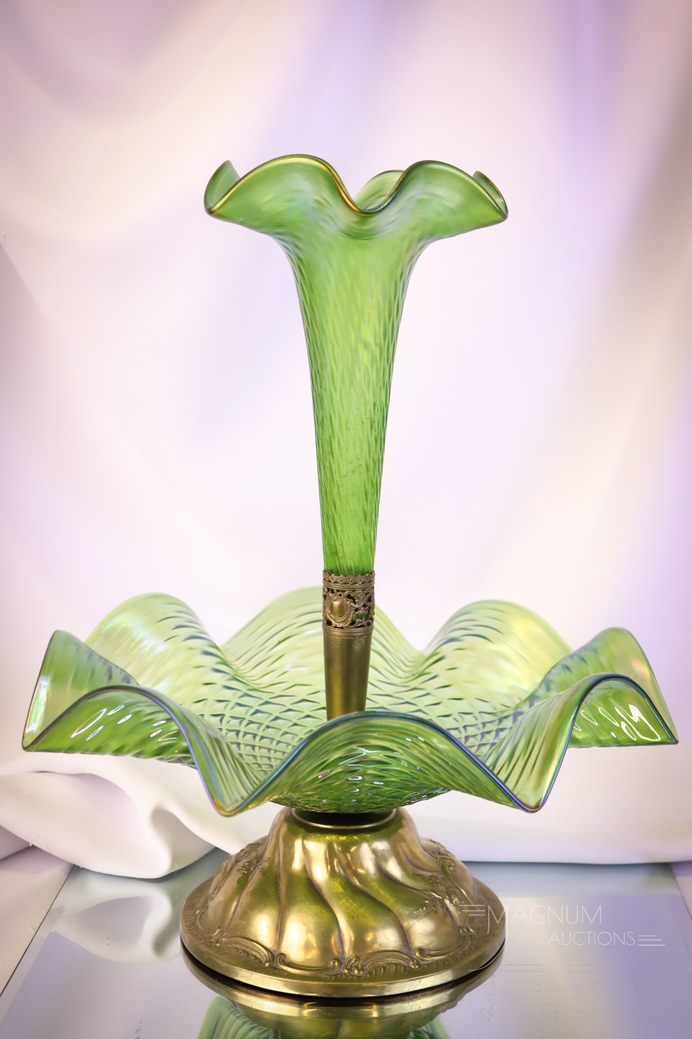 Iridescent Austrian 15" Diamond Quilt Green Art Glass & Brass Epergne: A scarce find in an Austrian diamond quilt art glass epergne. This piece has gorgeous color beautiful iridescent finish. The piece measures 15" tall and 12" wide. SHIPPING NOTICE: If you choose not to