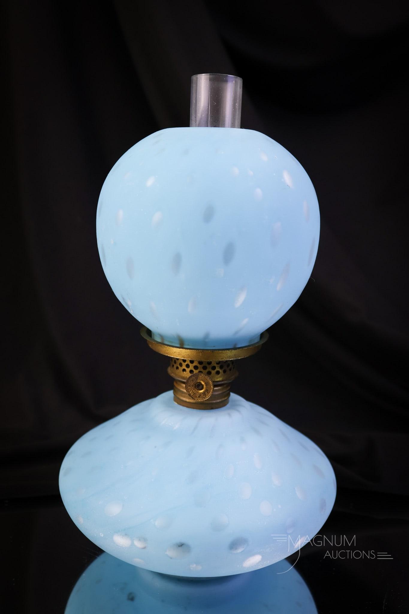 Victorian Blue Mother of Pearl Raindrops Satin Art Glass Miniature Oil Lamp: A Victorian mother-of-pearl satin glass raindrops pattern miniature oil lamp. This one has a beautiful powder blue color. The lamp measures 8" tall and 5" wide. SHIPPING NOTICE: If you choose not to u