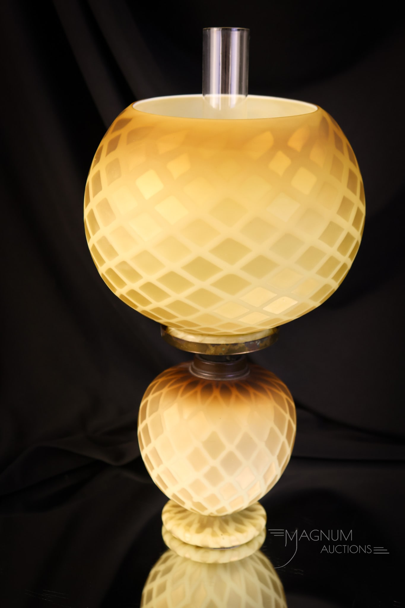 Rare Victorian Root Beer Uranium Mother of Pearl Satin Diamond Quilt Miniature Oil Lamp: A rare find in a Victorian oil lamp. This one is in a rare color for mother-of-pearl glass. It is a root beer satin glass with a diamond quilt pattern. The glass is rich in uranium and glows brightly 