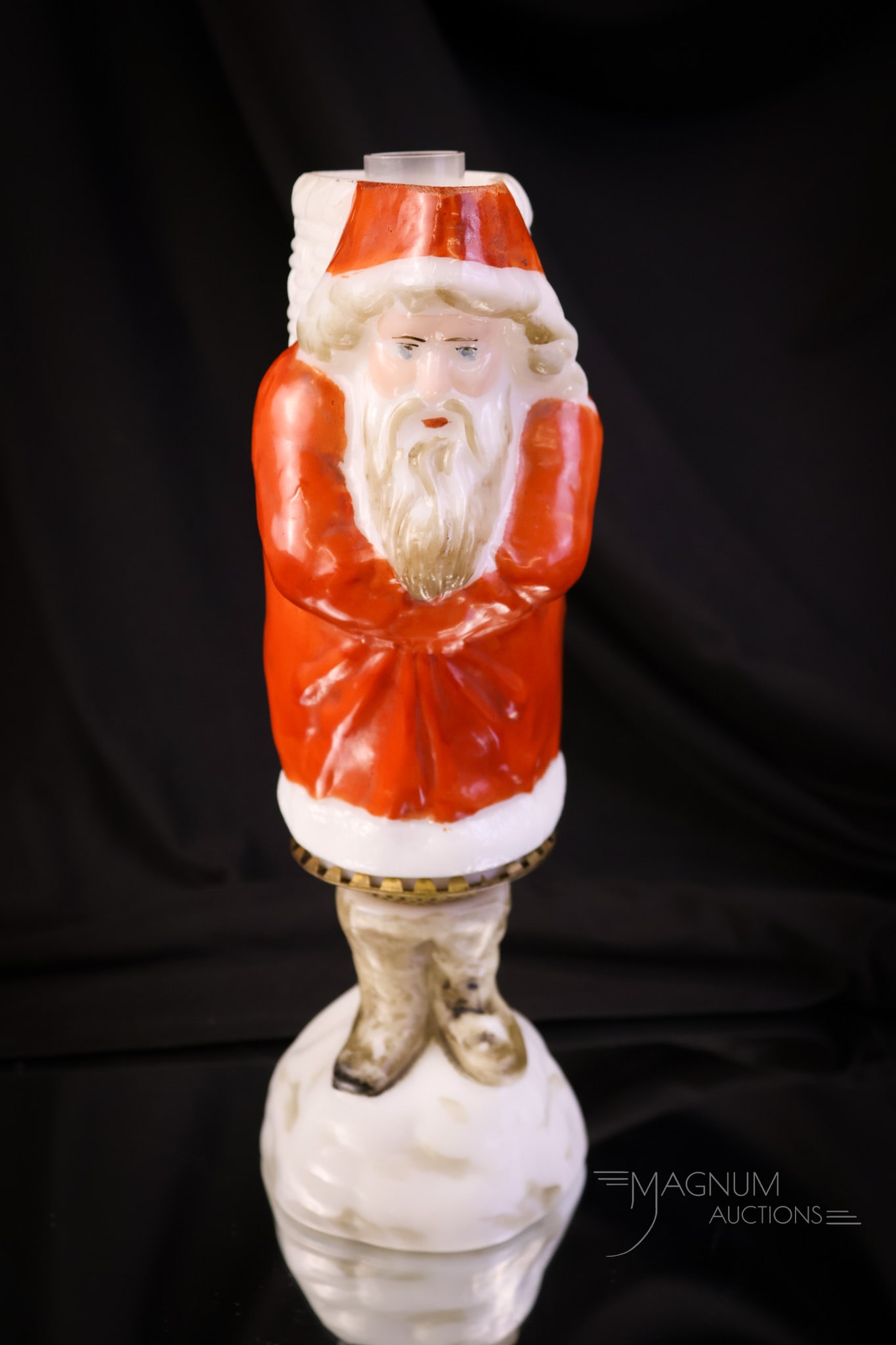 Ho, Ho, Ho, Fostoria Victorian Glass Santa Miniature Oil Lamp: Ho, Ho, How rare is this little lamp? This is a Fostoria Santa miniature oil lamp. This lamp features a figural Santa in a red coat shade. His black-grey boots are the oil lamp base. This lamp is a pr