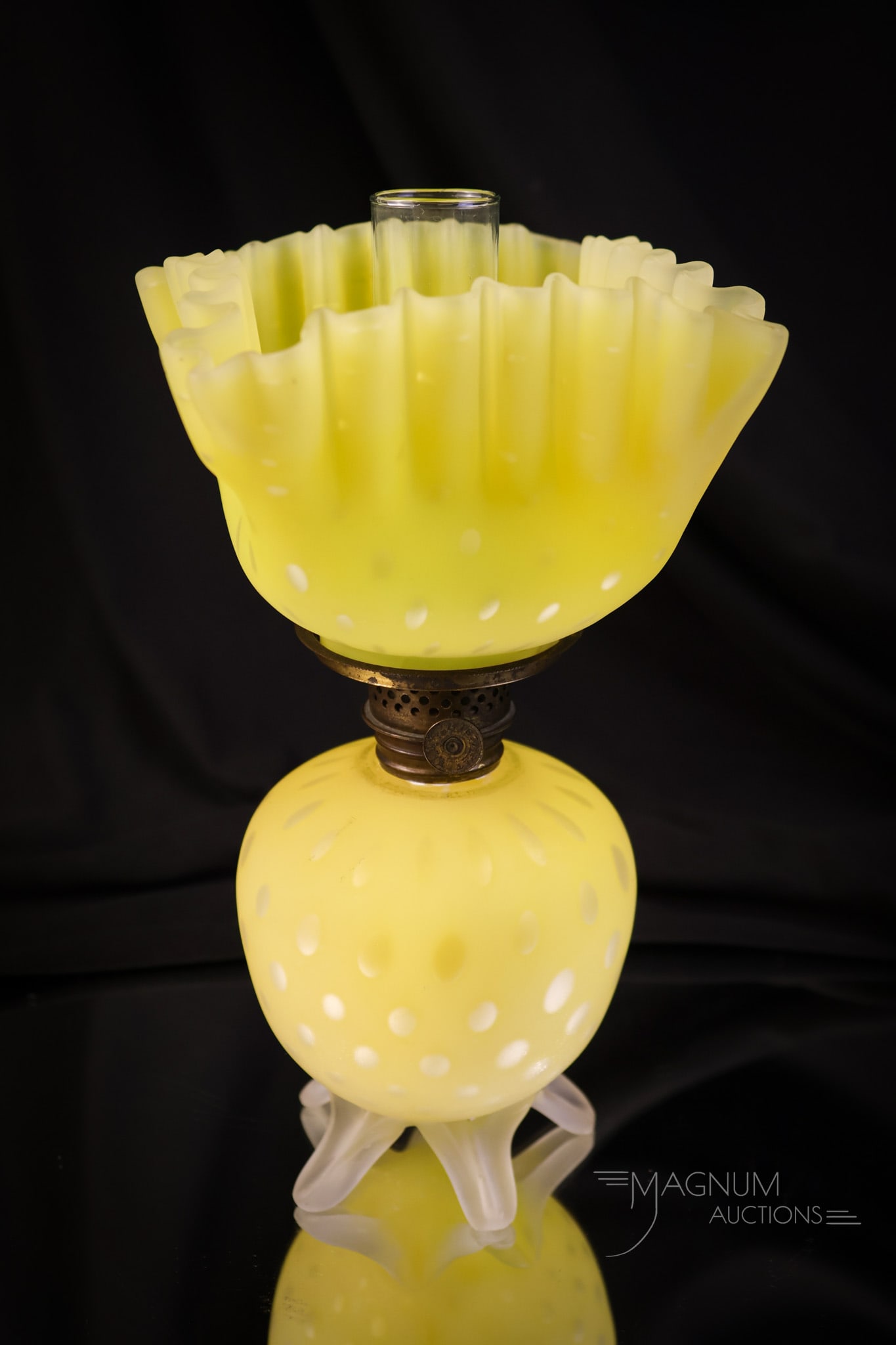 Yellow Satin Mother of Pearl Satin Glass Miniature Oil Lamp: A beautiful little seldom-seen miniature Victorian oil lamp. This little guy is in canary yellow. The glass is in the raindrop pattern of mother-of-pearl. The lamp has applied, clear satin glass feet.