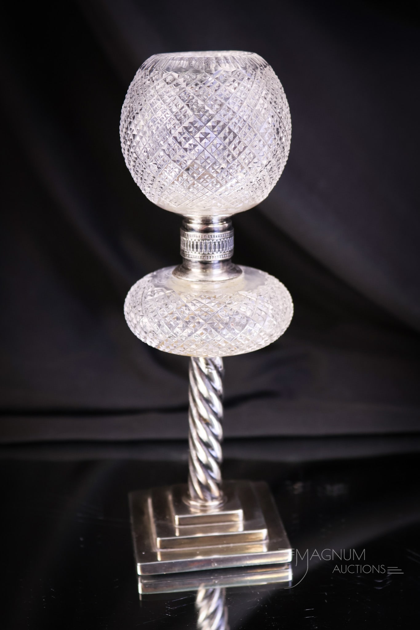 Museum Rarity English Hallmarked Sterling Silver Brilliant Cut Glass Miniature Oil Lamp: A museum rarity for your bidding pleasure. This is a very rare, brilliant cut glass miniature oil lamp. This lamp is fitted with English hallmarked sterling silver. Each piece is marked, including the