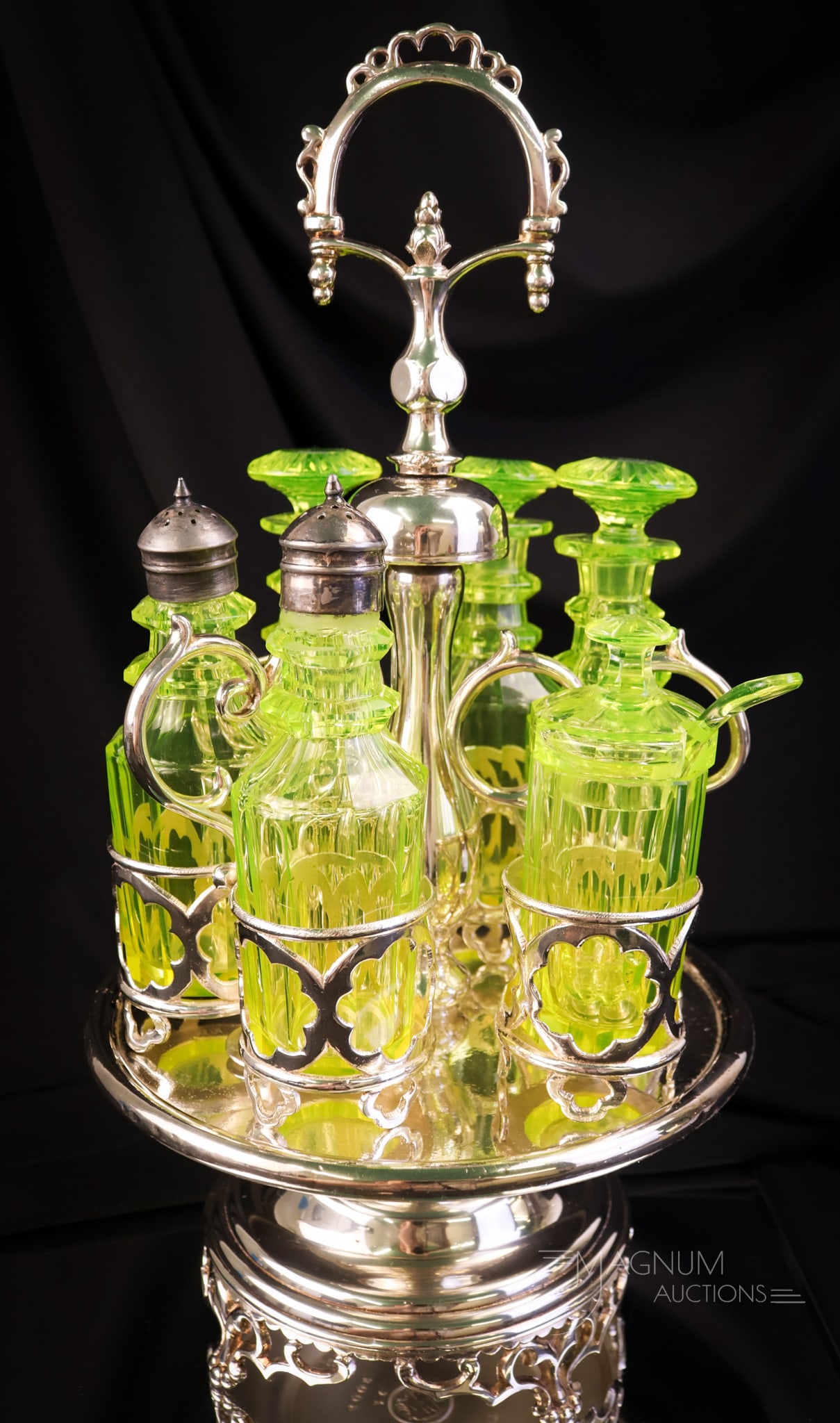 Museum Rarity Amazing Cut Vaseline Uranium Glass Silverplate Victorian Cruet Condiment Castor: Vasies stand up and take note of this very rare find! This is a Victorian CUT VASELINE URANIUM condiment castor. This is a museum rarity! Each and every piece of this fine set is cut faceted vaseline 