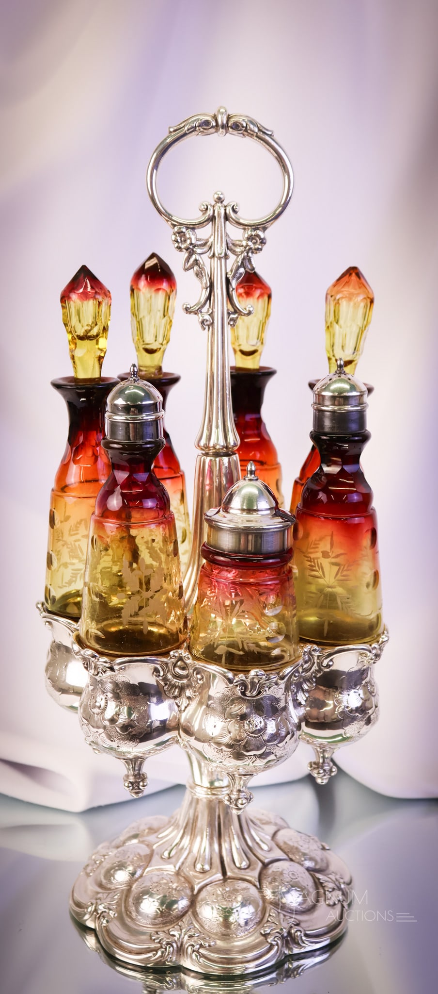 Rare 7 Bottle Victorian Mt. Washington Amberina Etched Glass Cruet Condiment Castor (1 of 14)