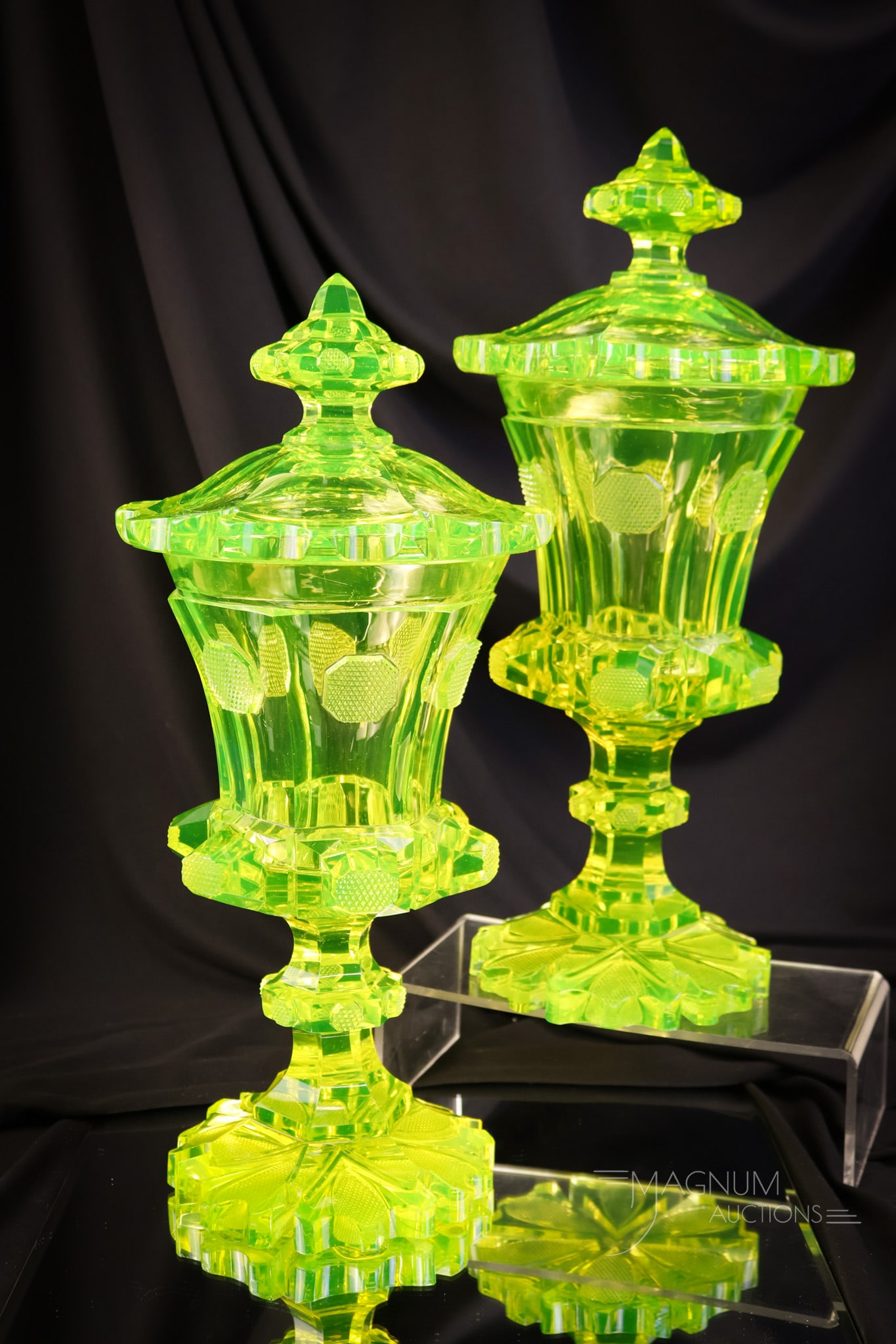 Museum Rarity Pair Biedermier circa 1840 Antique Vaseline Uranium Glass Covered 14 1/2" Mantle Urns: A fine pair of Biedermier circa 1840 heavy cut vaseline uranium glass covered 14 1/2" tall mantle urns. This pair is a museum rarity find for your collection. Seldom do you ever see something like thi