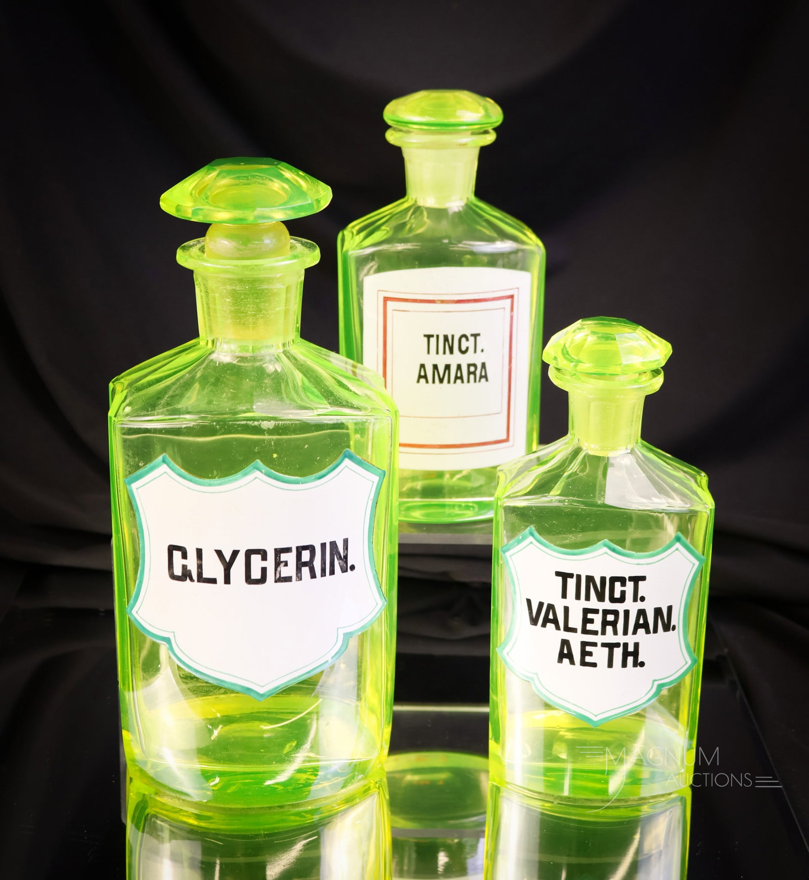 3pc Lot Antique Victorian Uranium Vaseline Glass Apothecary Bottles Enameled Labels: Three rare finds in antique vaseline uranium-rich glass apothecary bottles with enameled labels. The labels read, "Glycerin", "Tinct Amara", and "Tinct Valerian. Aeth." The tallest measures 8 1/4" tal